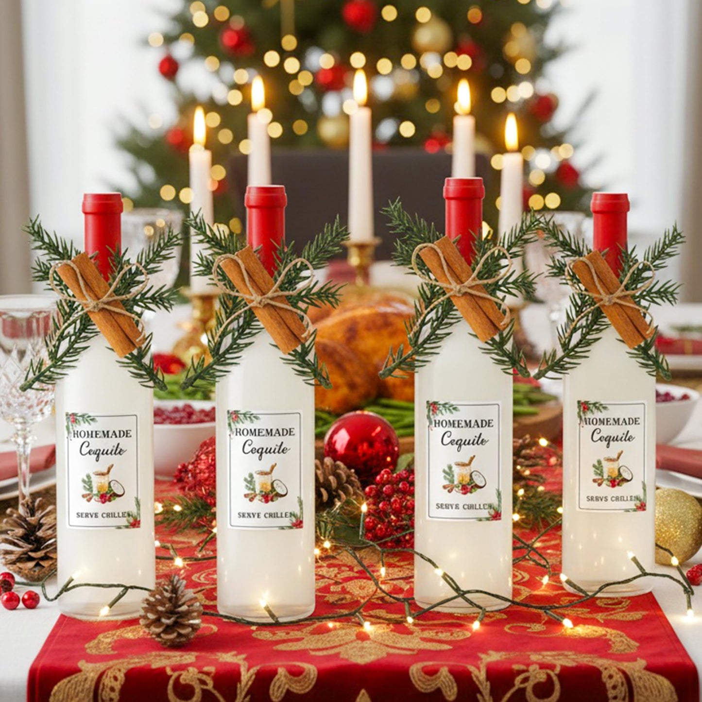 COcnny Coquito Wine Bottle Stickers - 24 Set Christmas Coquito Labels with Pine Branches Cinnamon Decor for Coconut Liqueur Wine Bottle Handmade Sticker for Xmas DIY Craft Holiday Party Supplies