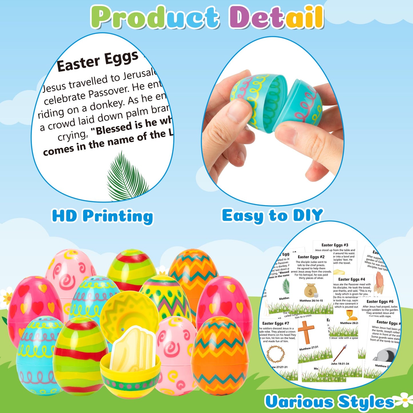 COcnny Easter Story Religious Eggs - 12 Set Easter Eggs with Matching Holy Week Cards and Religious Paper for Basket Stuffer, Christian Gift for Sunday School Hunt Activities