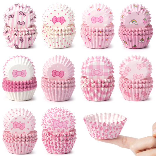 COcnny Pink Mini Cupcake Liners - 600pcs Pink Bow Baking Cups Muffin Paper Cupcakes Wrappers for Birthday, Cute Cat Candy Cake Chocolate Wrap Making Supplies for Baby Shower Wedding Bachelorette Party