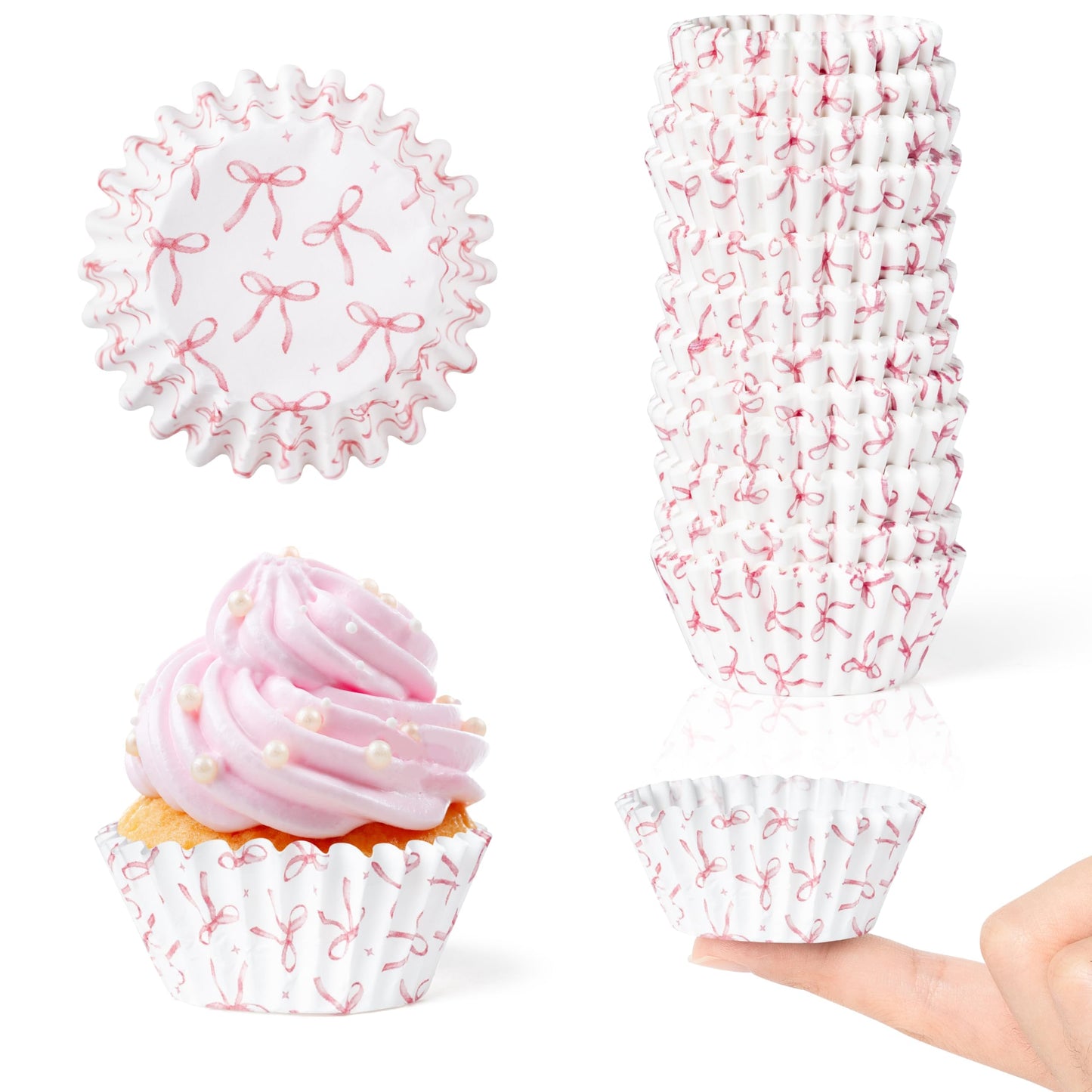 COcnny Bow Mini Cupcake Liners - 300pcs Pink Bowknot Baking Cups Muffin Paper Cupcakes Wrappers for Birthday, Candy Cake Chocolate Wrap Making Supplies for Baby Shower Wedding Bachelorette Party