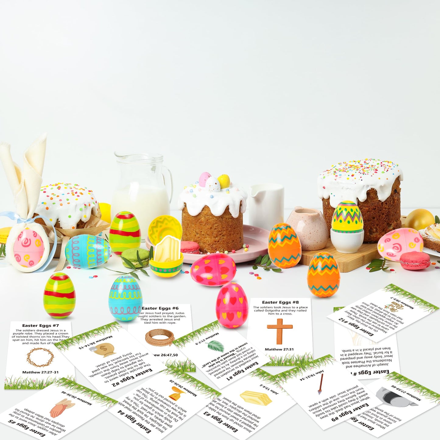 COcnny Easter Story Religious Eggs - 12 Set Easter Eggs with Matching Holy Week Cards and Religious Paper for Basket Stuffer, Christian Gift for Sunday School Hunt Activities