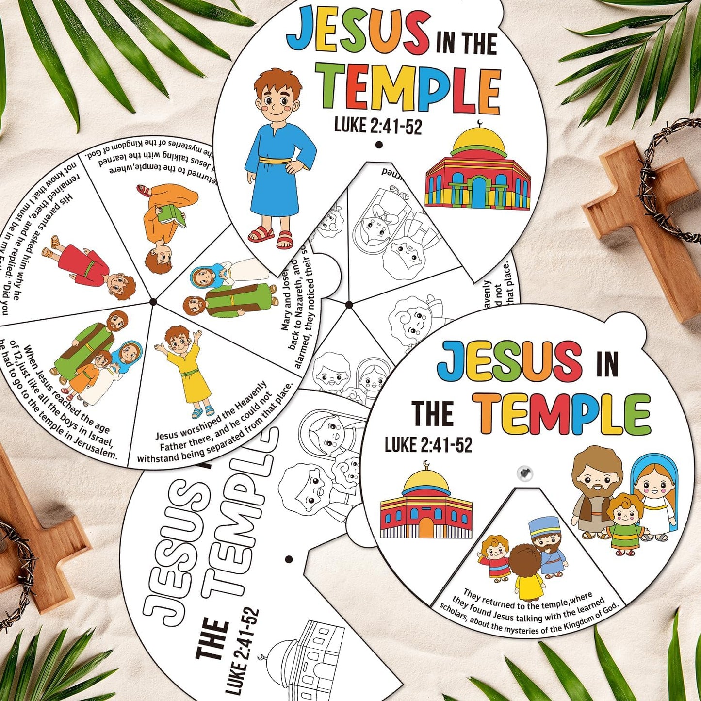 COcnny Easer Religious Coloring Craft- 24 Sets Color Your Own Christian Art Craft DIY Spining Cards for Kids, Jesus in the Temple Paper Craft Art for Sunday School Home Class Bible VBS Activities