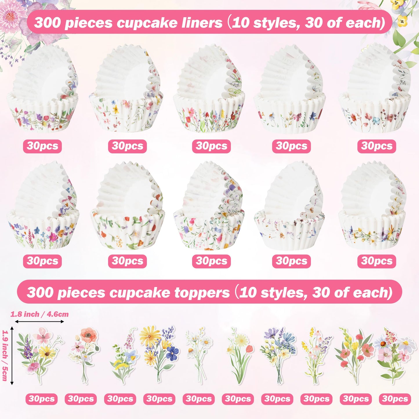 COcnny Flower Mini Cupcake Liners - 300pcs Wild Flower Small Muffin Cake Baking Cups with 300pcs Cupcake Toppers, Floral Candy Cake Wrap Making Supplies for Baby Shower Birthday (10 Styles)