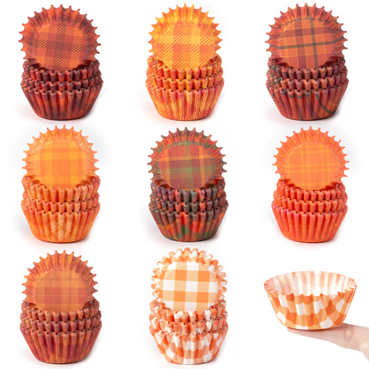 COcnny Fall Mini Cupcake Liners - 600pcs Autumn Plaid Muffin Small Paper Cupcakes Baking Cups Wrappers, Orange Brown Case Cake Wrap Making Supplies for Fall Thanksgiving Birthday Party (8 Styles)