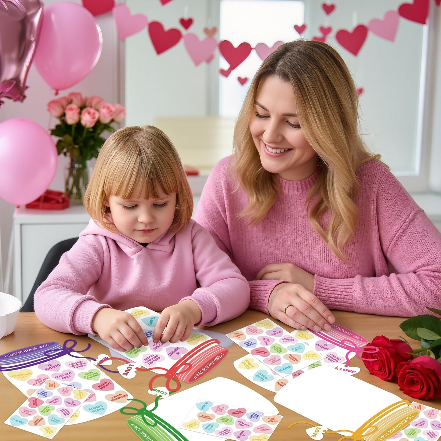 COcnny 24 Set Valentine’s Day Love Candy Jar Craft Kit for Kids, Make Your Own Heart Decor Craft, DIY 1 Corinthians 13:4-7 Religious Sweet Sticker Paper Art for Sunny School Classroom Fun Activity