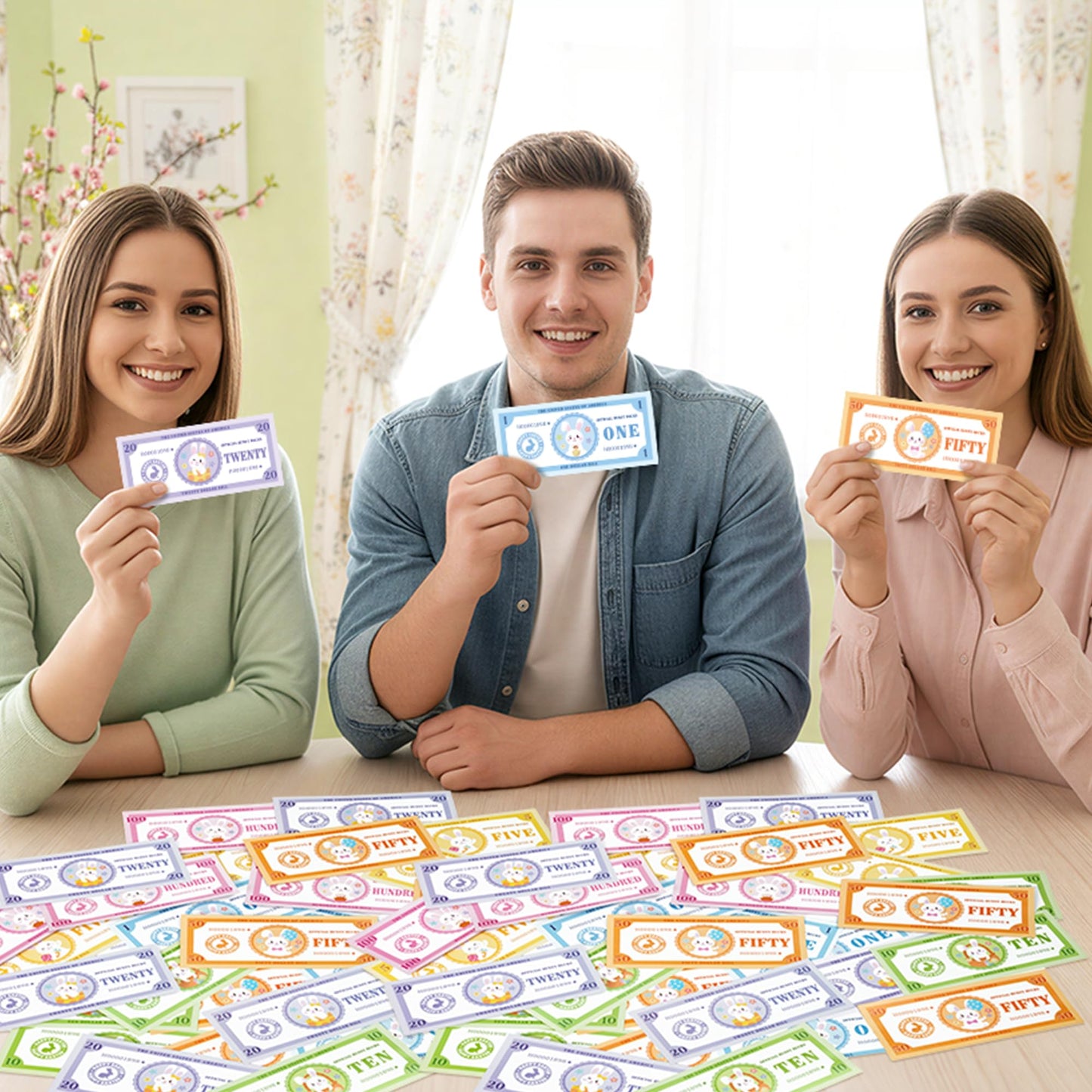 COcnny Easter Play Bucks for Game - 600pcs Hunt Bunny Bank Paper Money for Pretend Play Cashier, Spring Egg Theme Fake Bucks for Refill Packs School Home Reward Prop Supplies
