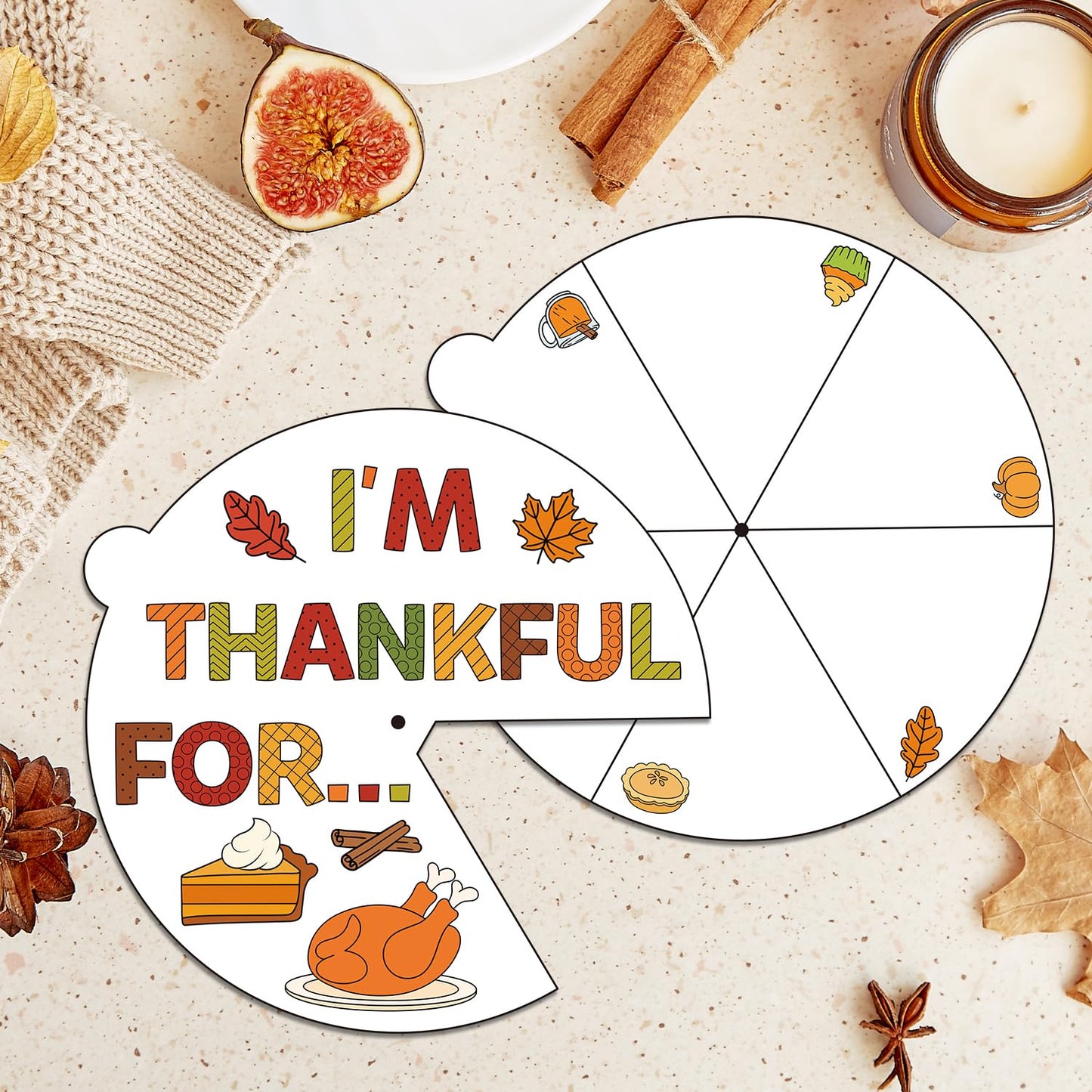 COcnny Fall Thanksgiving Coloring Craft- 24 Sets Color Your Own Thankful Art Craft DIY Wheel Cards, Autumn Turkey Pumpkin Blank Paper Art for Sunday School Home Class Activities