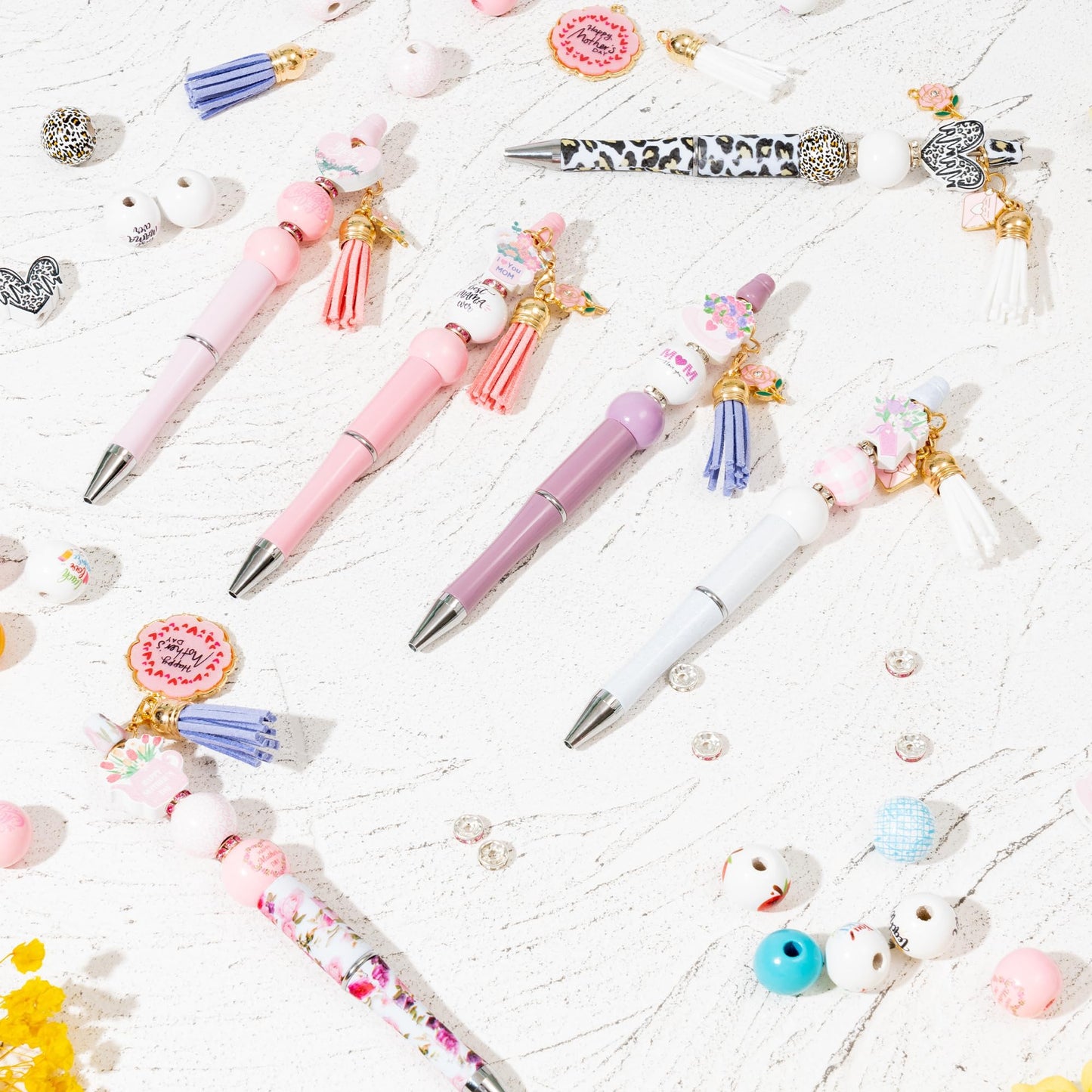 COcnny Mothers Day Beadable Pens - 12 Set Floral DIY Ballpoint Pen Making Kit with Bead Craft, Mother’s Day Party Flower Beaded Pen Bulk Charm Tassel Supplies for Women School Students Gift