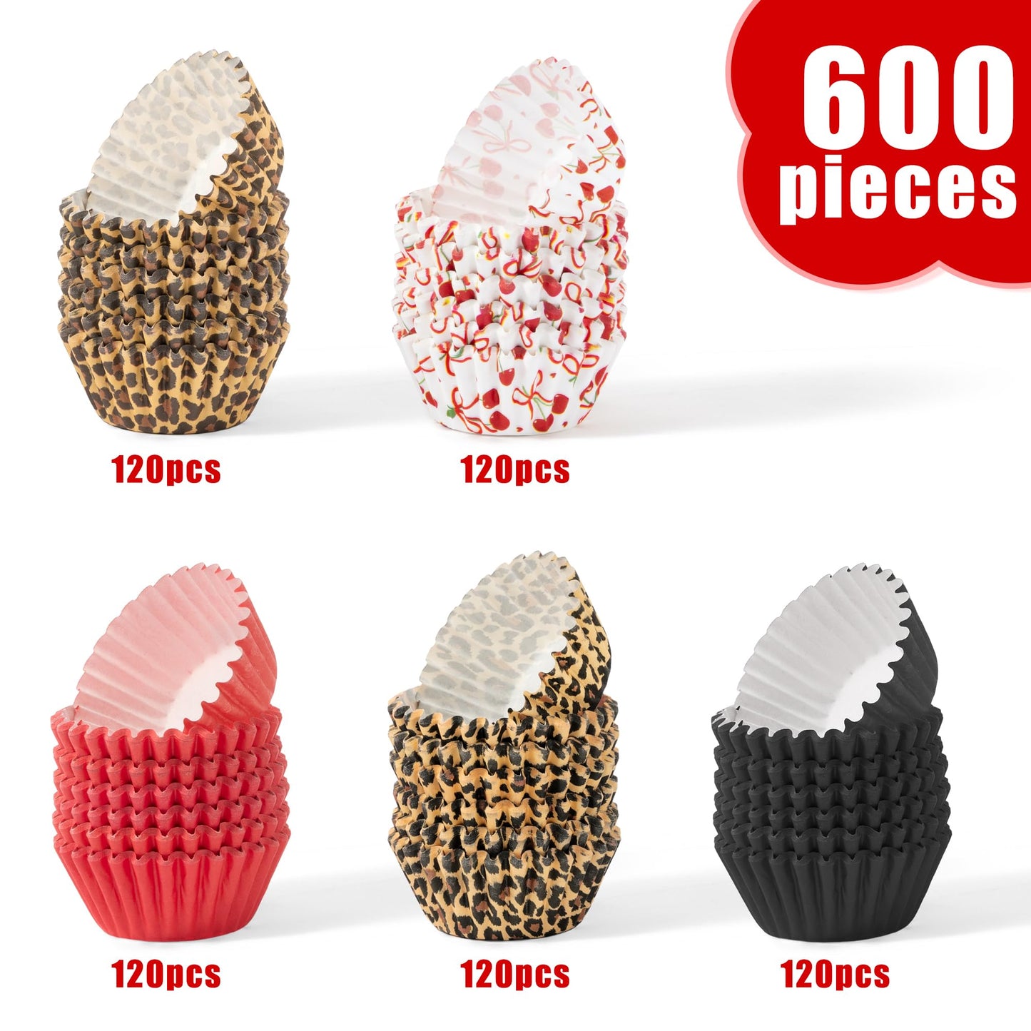 COcnny Cheetah Mini Cupcake Liners - 600pcs Sweet Cherry Baking Cups Muffin Cupcakes Wrappers, Leopard Candy Cake Chocolate Paper Wrap Making Supplies for Valentine’s Day Party Birthday (5 Styles)