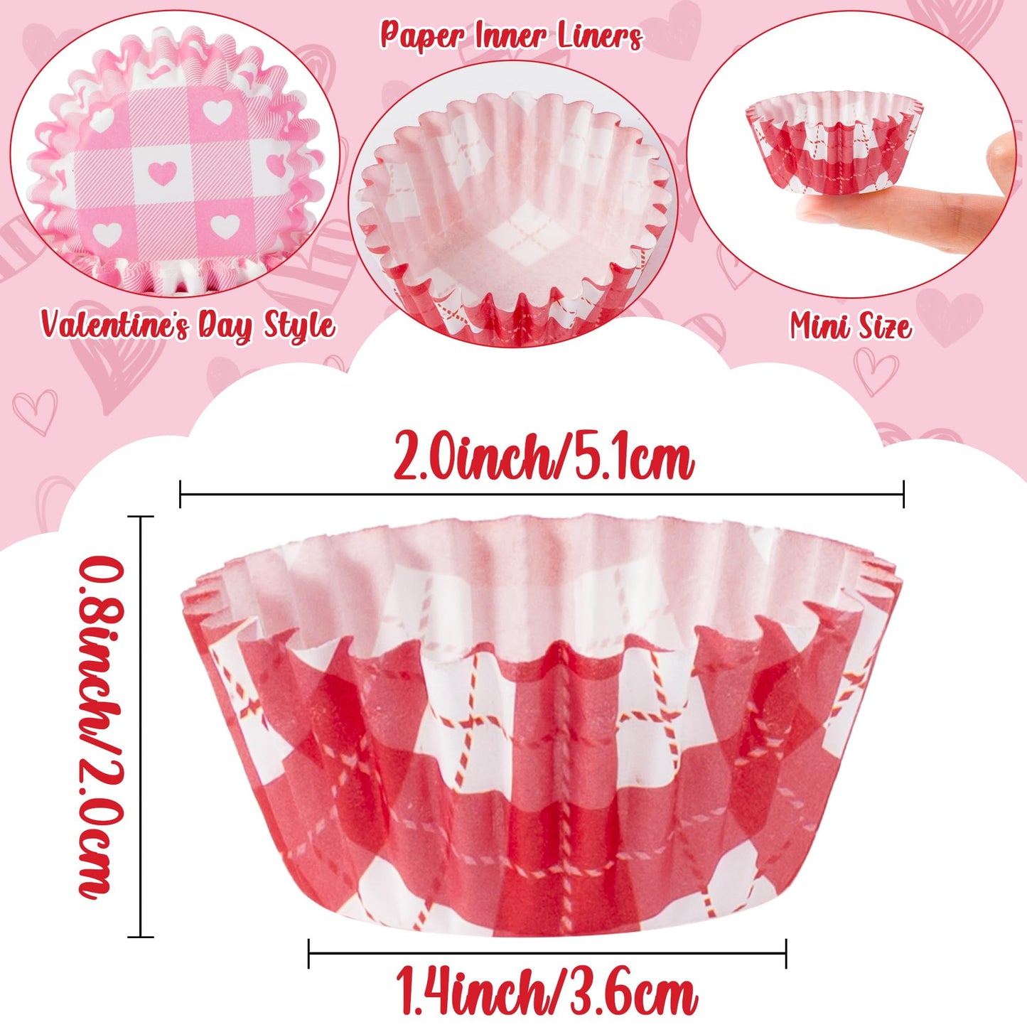COcnny 600pcs Valentine’s Day Plaid Mini Cupcake Paper Liners, Sweet Checkered Baking Cups Muffin Cupcakes Wrappers, Pink Red Candy Cake Chocolate Wrap Making Supplies for Party Birthday (10 Styles)
