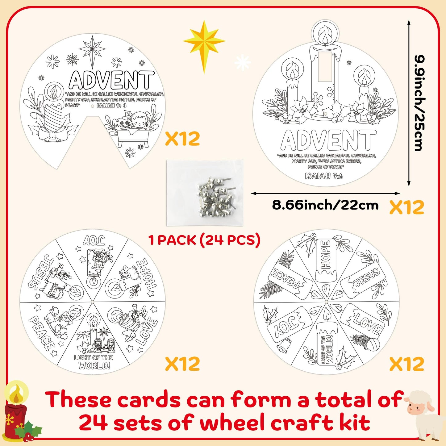 COcnny Christmas Coloring Craft - 24 Sets DIY Color Your Own Religious Christian Art Craft Wheel Cards, Xmas Advent Jesus Paper Kit for Church Sunday School Home Class Bible VBS Activities