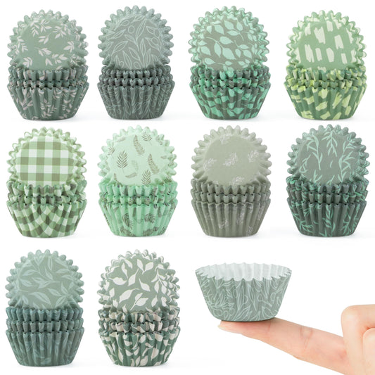 COcnny Greenery Mini Cupcake Liners - 600pcs Sage Green Baking Cups Muffin Paper Cupcakes Wrappers for Birthday, Vintage Floral Candy Cake Chocolate Wrap Making Supplies for Party Birthday (10 Styles)