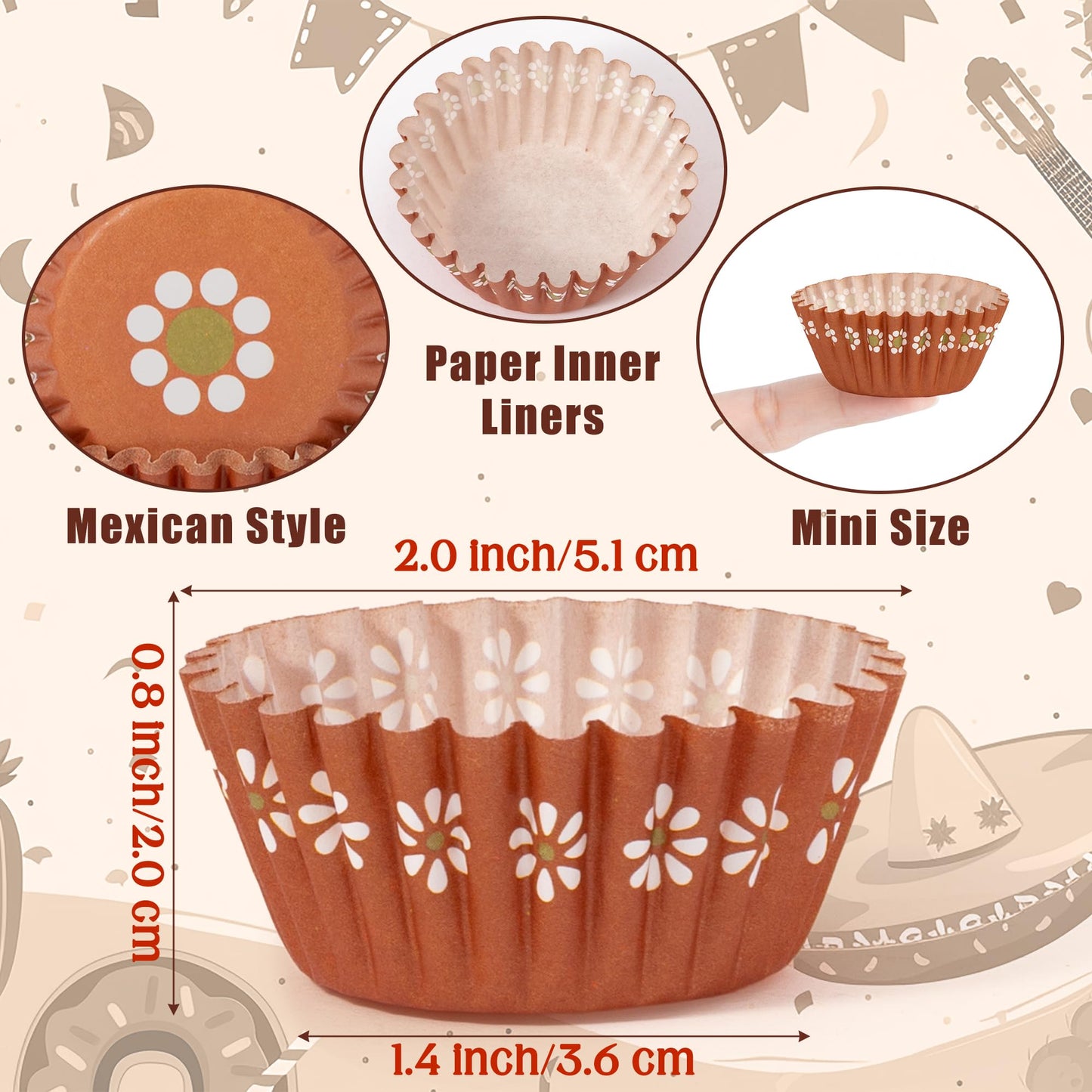COcnny Cielito Lindo Cupcake Liners - 600pcs Mexican Mini Cupcake Paper Liners, Flower Baking Cups Muffin Wrappers, White Brown Candy Cake Chocolate Wrap Making Supplies for Party Mexico (6 Styles)