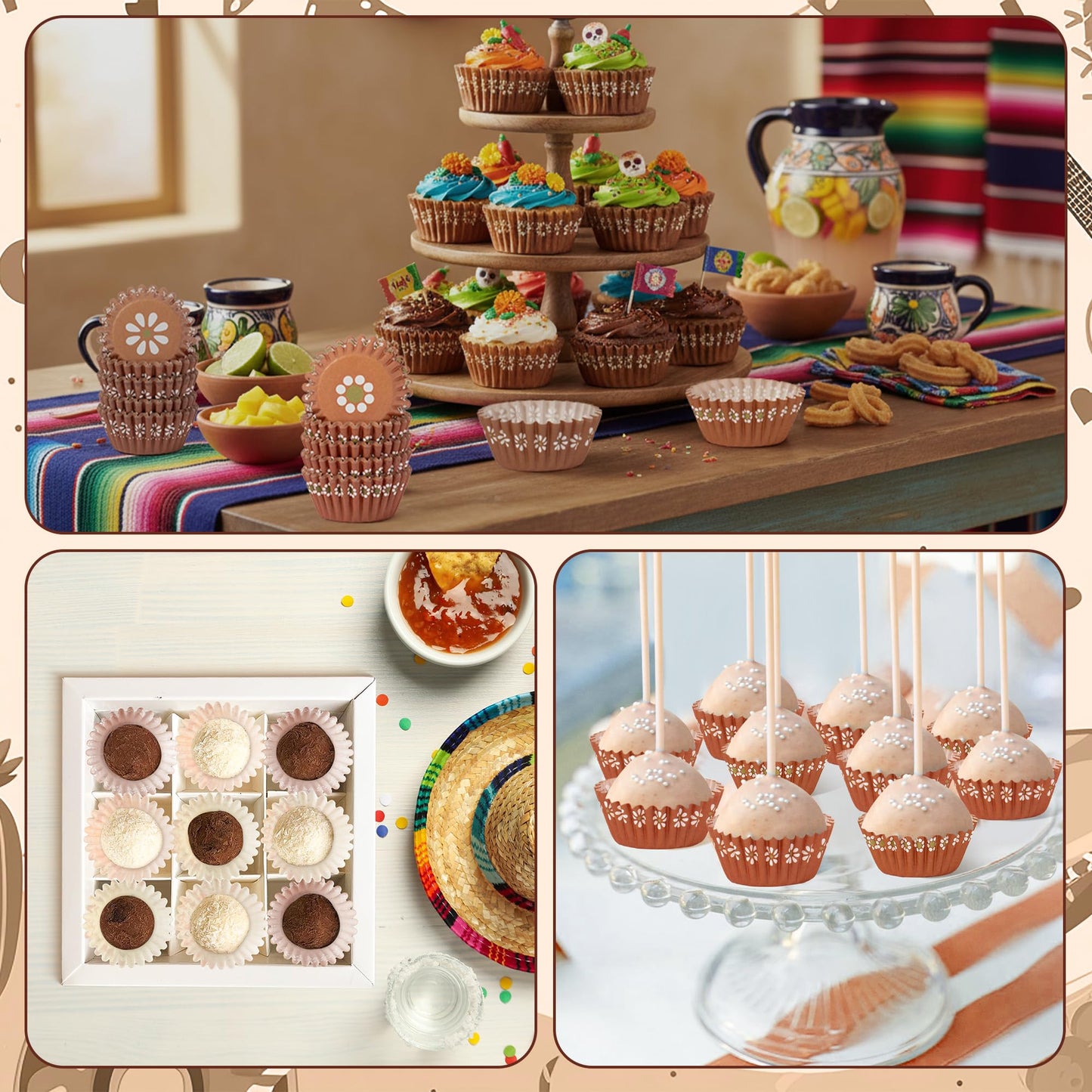 COcnny Cielito Lindo Cupcake Liners - 600pcs Mexican Mini Cupcake Paper Liners, Flower Baking Cups Muffin Wrappers, White Brown Candy Cake Chocolate Wrap Making Supplies for Party Mexico (6 Styles)