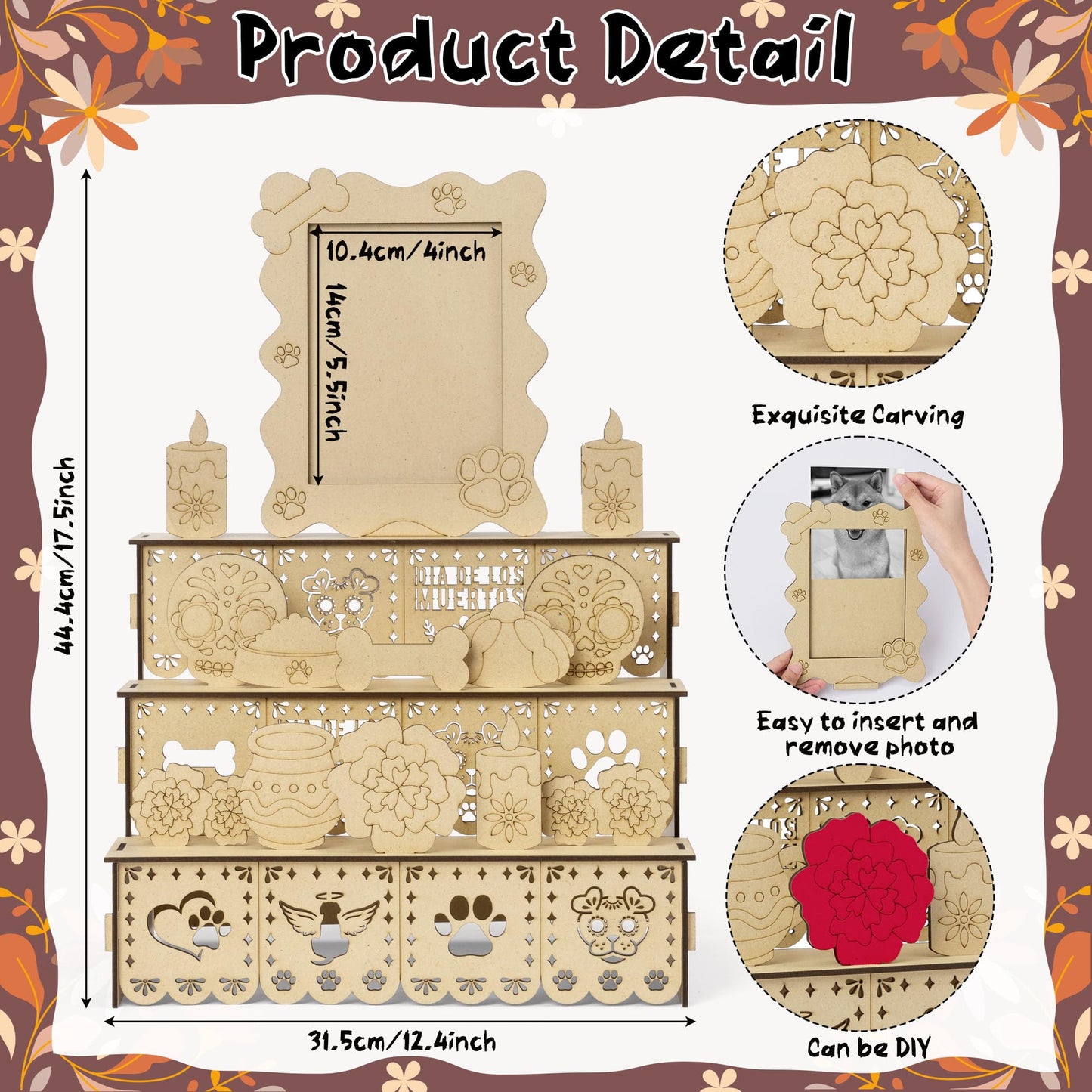 COcnny Day of the Dead Altar Ofrenda - Wooden Shadow Box Photo Frame Set for Dia De Los Muertos Altar Memorial Decorations, Skull Candle Tabletop Ofrenda Display Decor for Pet Dog Remembrance (1 Set)