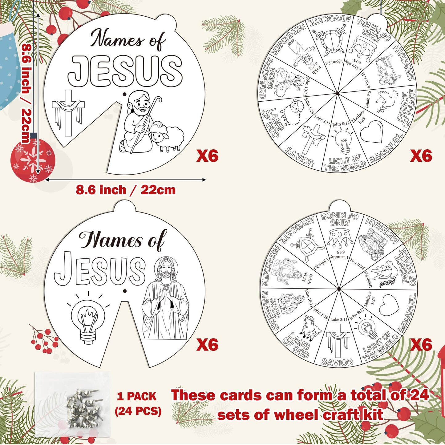 COcnny Jesus Religious Coloring Craft - 24 Sets Color Your Own Christian Art Craft Wheel Cards, DIY Names of Jesus Coloring Paper Kit for Sunday School Home Class Bible VBS Activities