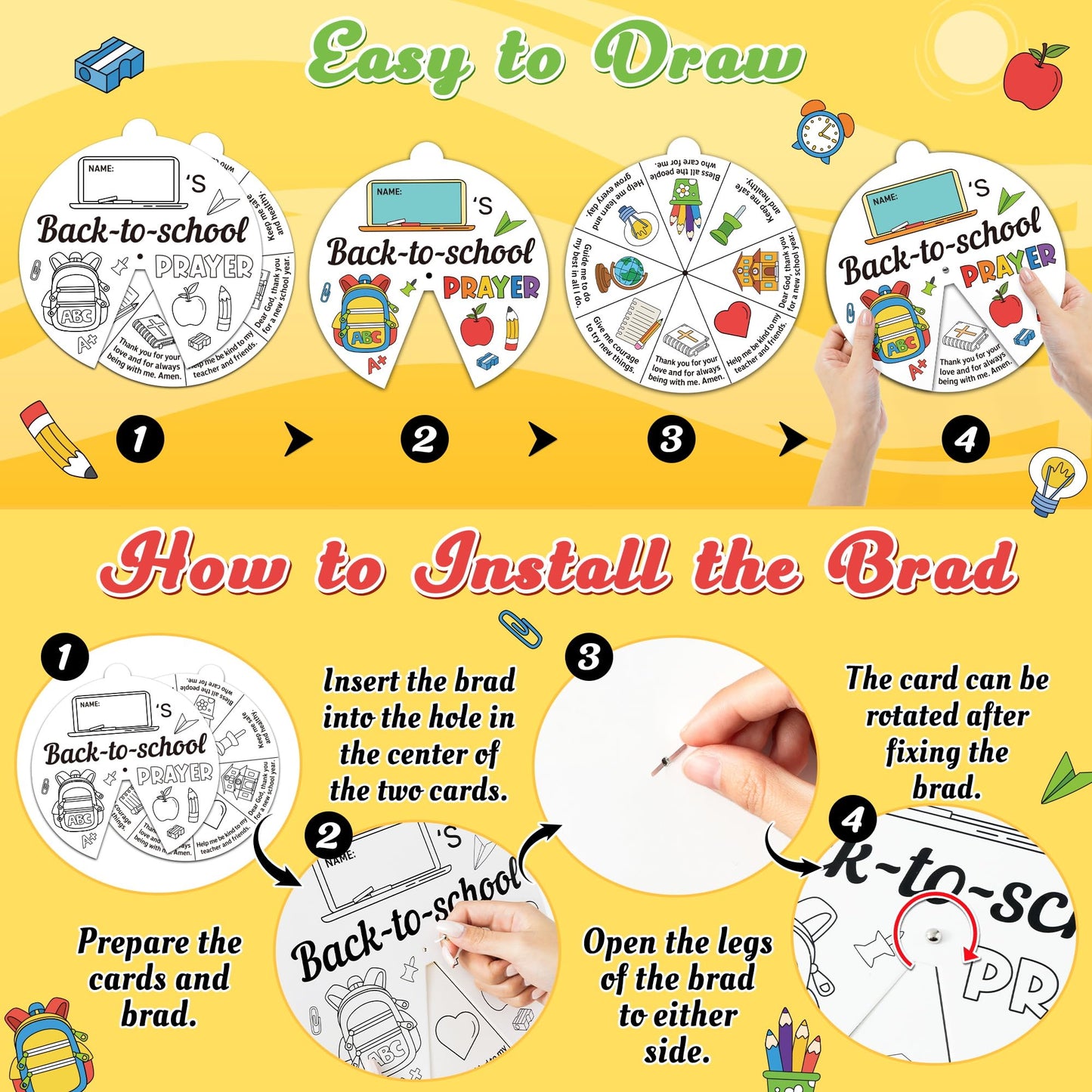 COcnny Back to School Craft- 24 Sets Color Your Own Prayer Art Craft DIY Wheel Cards, Religious Bible Coloring Craft Art for Sunday School Home Class Preschool Activities