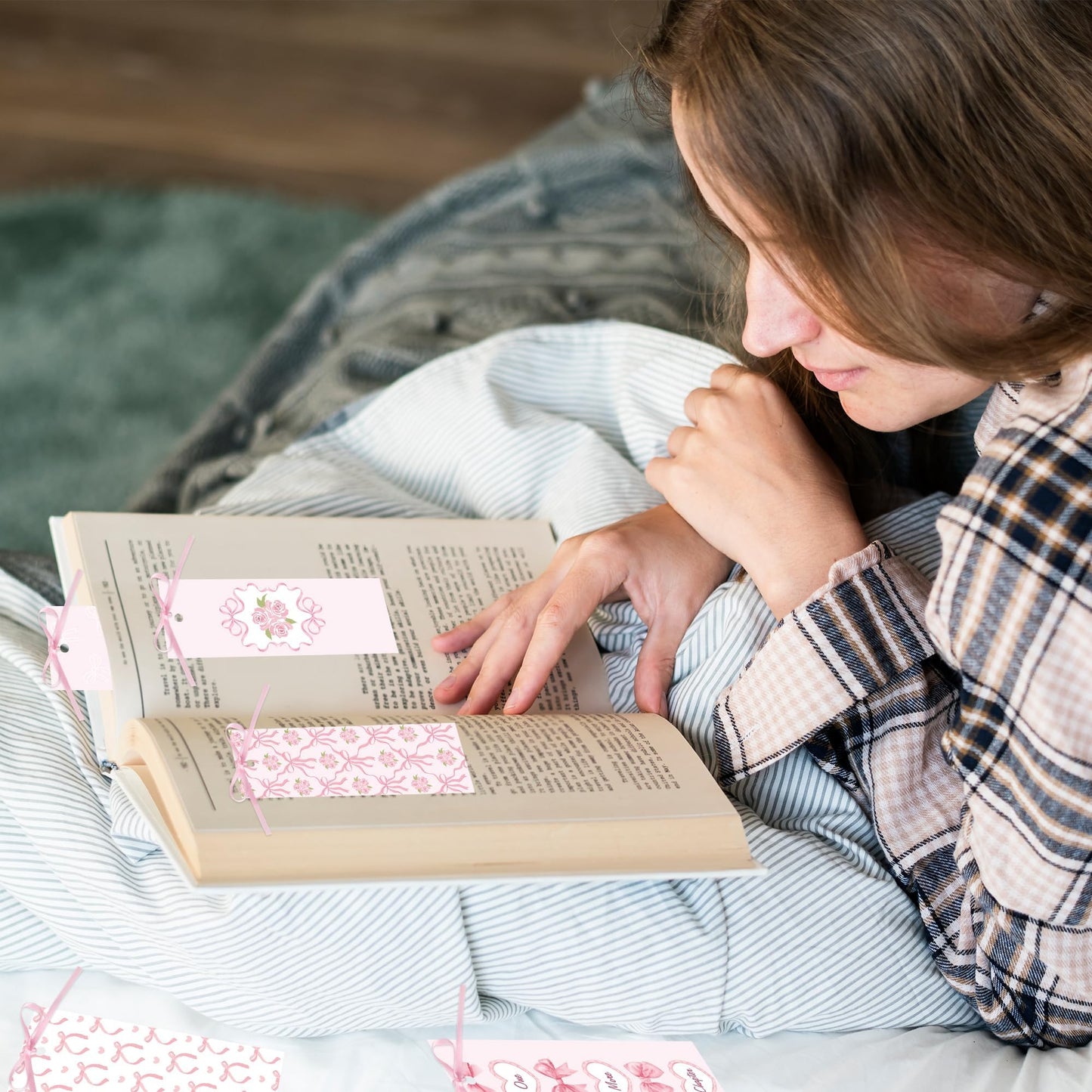 COcnny Pink Bow Bookmarks for Women - Bow Bookmark Bulk for Reading Lovers Gift, Cute Cheery Double Sided Book Mark with Ribbon for Teacher Student Classroom Library Supplies (120pcs)