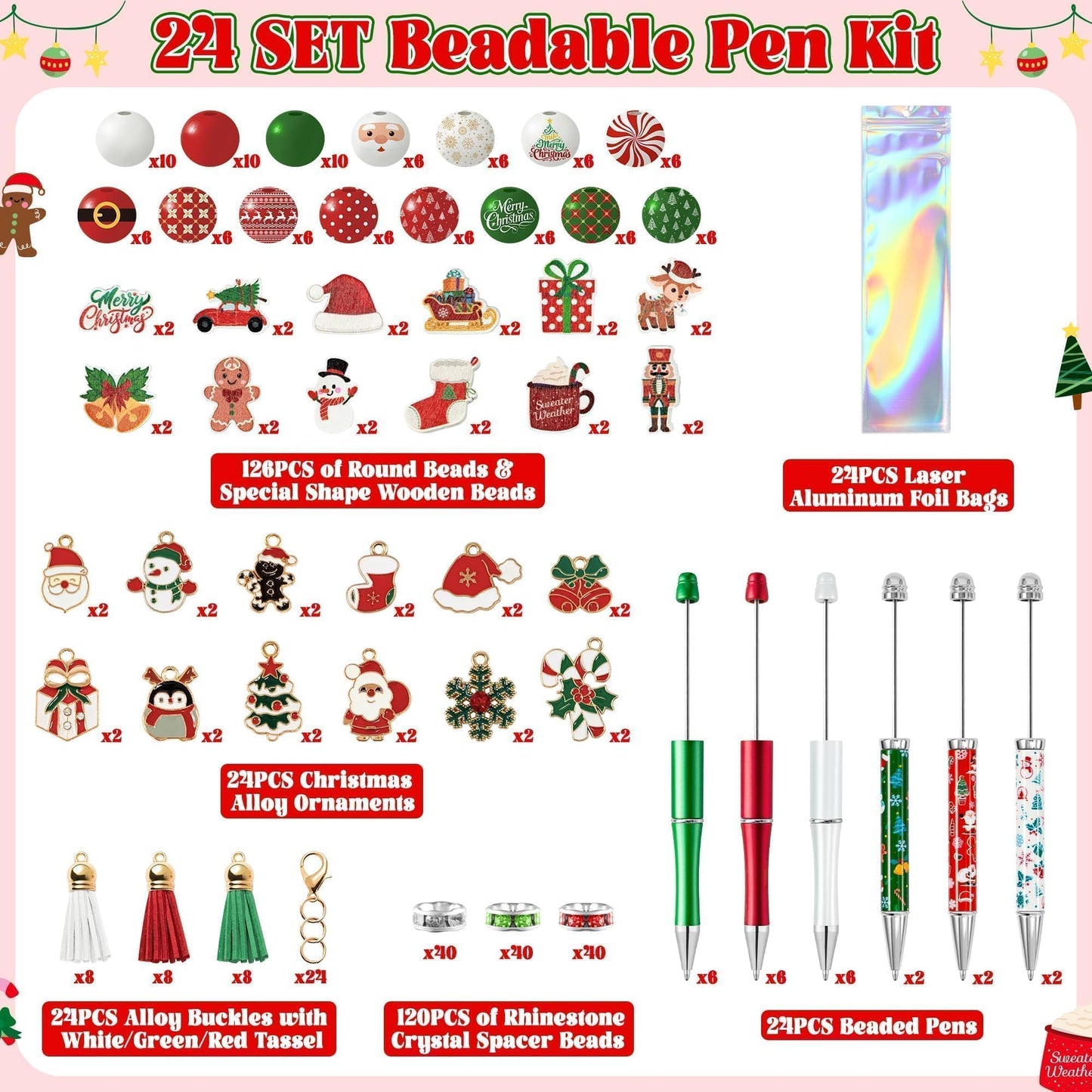 COcnny Christmas Beadable Pens Kits- 24 Set Xmas DIY Ballpoint Craft Making with Bead Craft, Snowman Snowflake Beaded Pen Bulk Charm Tassel Supplies for Holiday Party School Students Gift