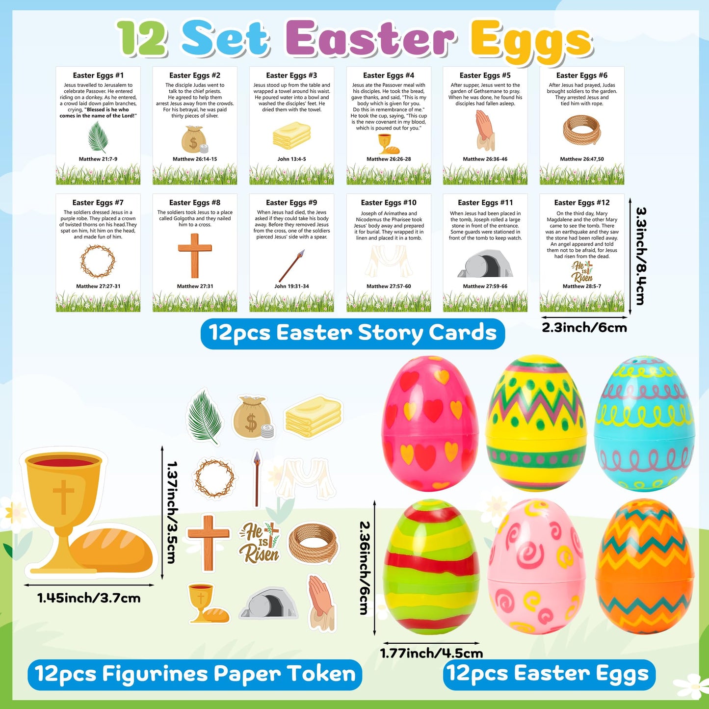 COcnny Easter Story Religious Eggs - 12 Set Easter Eggs with Matching Holy Week Cards and Religious Paper for Basket Stuffer, Christian Gift for Sunday School Hunt Activities