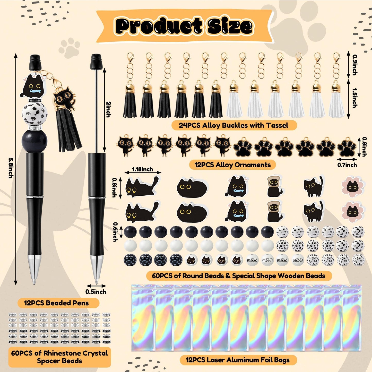 COcnny Pet Paw Beadable Pens- 12 Set Black Cat DIY Ballpoint Craft Making Kit with Bead Craft, Cute Cat Beaded Pen Bulk Charm Tassel Supplies for Pet Animal Party School Students Gift