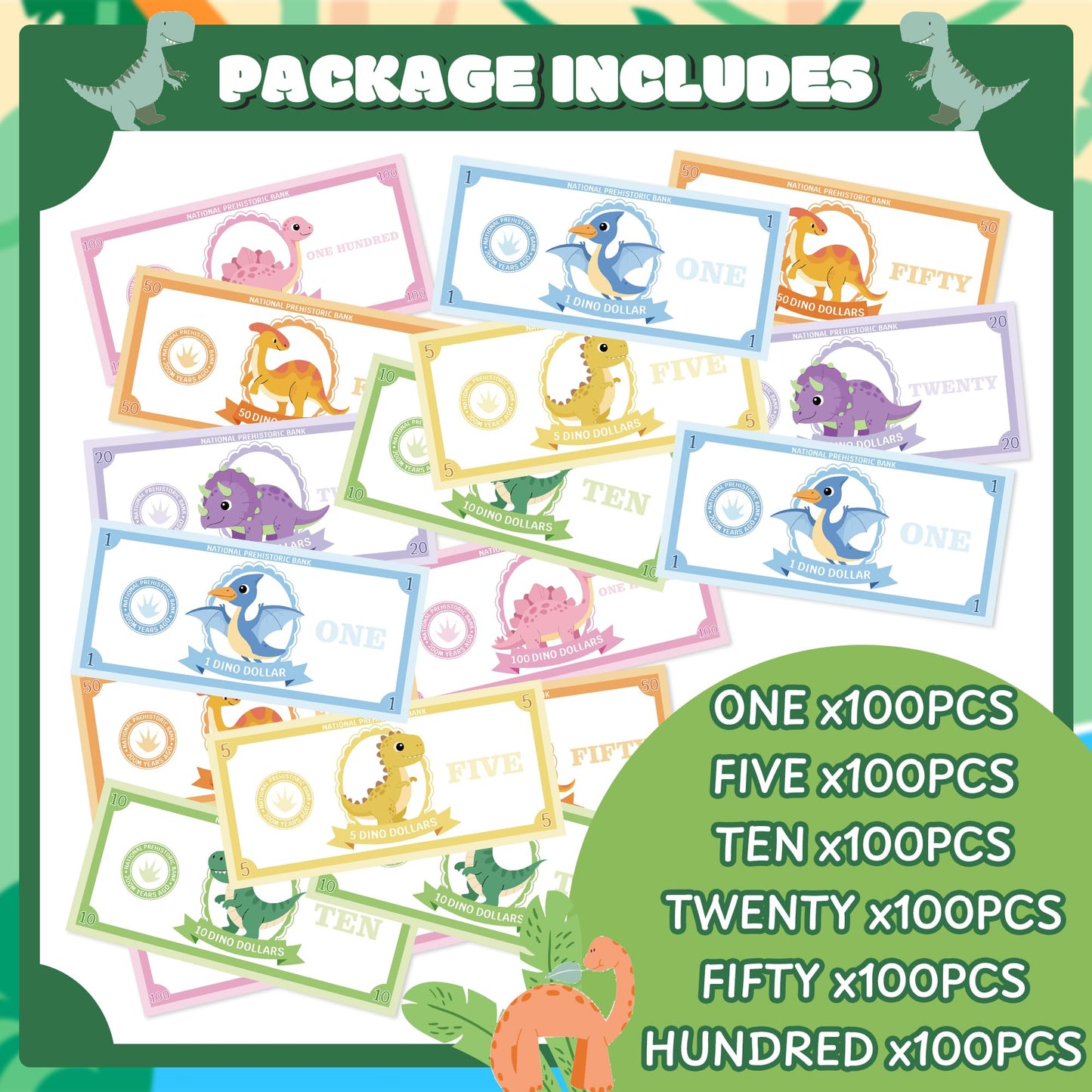 COcnny Dinosaur Play Bucks for Game - 600pcs Dino Paper Money for Party