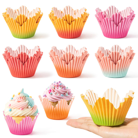 COcnny Flower Cupcake Paper Liner - 300pcs Easter Baking Cups Muffin Cupcakes Wrappers, Gradient Red Pink Orange Petal Cake Candy Wrap Making Supplies for Birthday Baby Shower Spring Party (6 Styles)