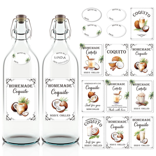 COcnny Coquito Wine Bottle Sticker - 30pcs Coquito Labels with 36pcs Batch and Date Tags for Coconut Liqueur Wine Bottle Cover, Handmade Stickers for Christmas Holiday Party Supplies (2.2" x 3")