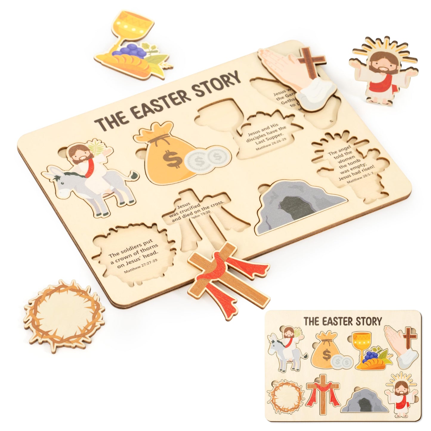 COcnny Easter Story Wooden Puzzle - 8pcs Jesus Resurrection Story Special Shaped 2D Wood Jigsaw Puzzle Set, Religious Gift for Sunday School Classroom Game Supplies Home Easter Basket Fillers