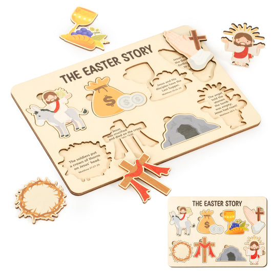 COcnny Easter Story Wooden Puzzle - 8pcs Jesus Resurrection Story Special Shaped 2D Wood Jigsaw Puzzle Set, Religious Gift for Sunday School Classroom Game Supplies Home Easter Basket Fillers