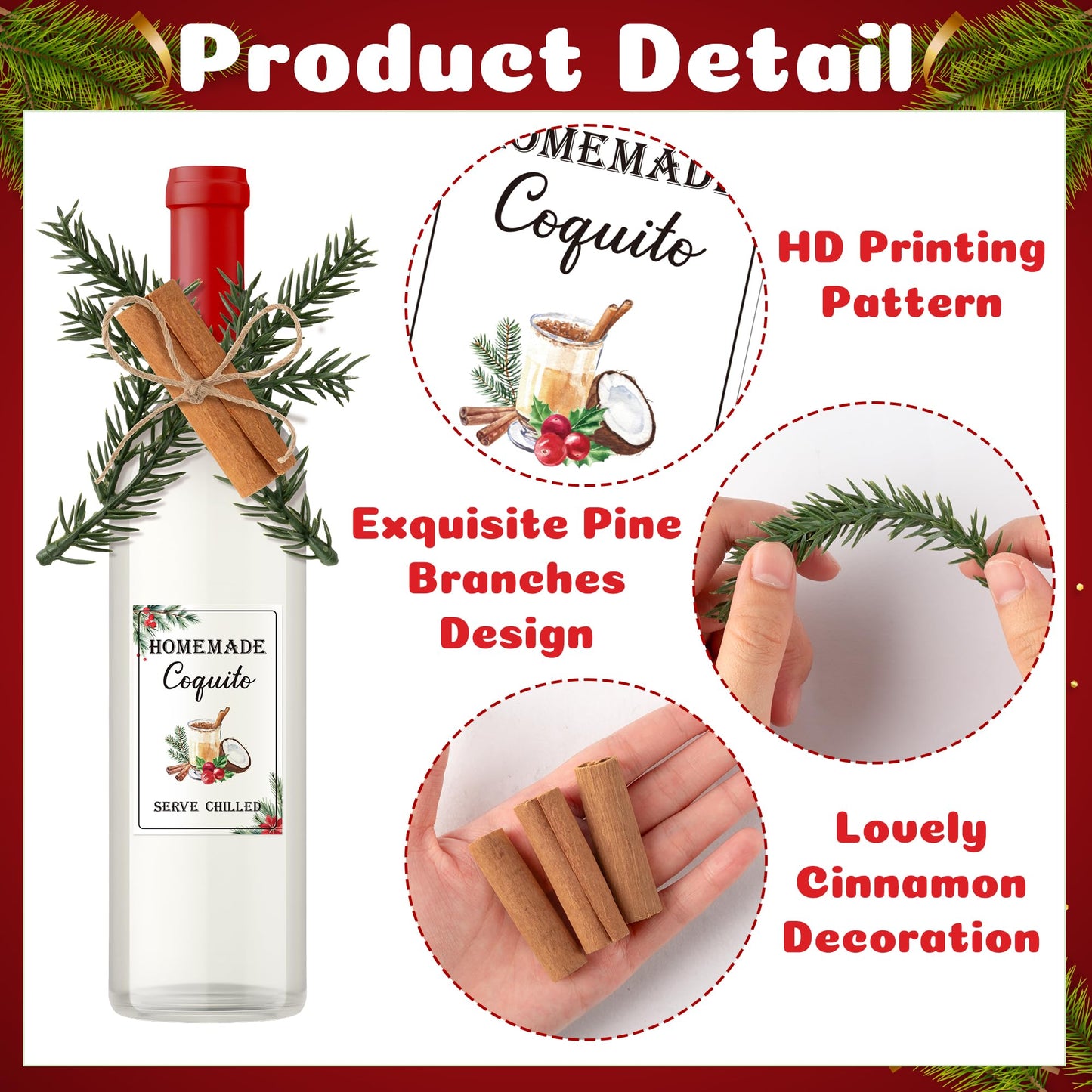 COcnny Coquito Wine Bottle Stickers - 24 Set Christmas Coquito Labels with Pine Branches Cinnamon Decor for Coconut Liqueur Wine Bottle Handmade Sticker for Xmas DIY Craft Holiday Party Supplies
