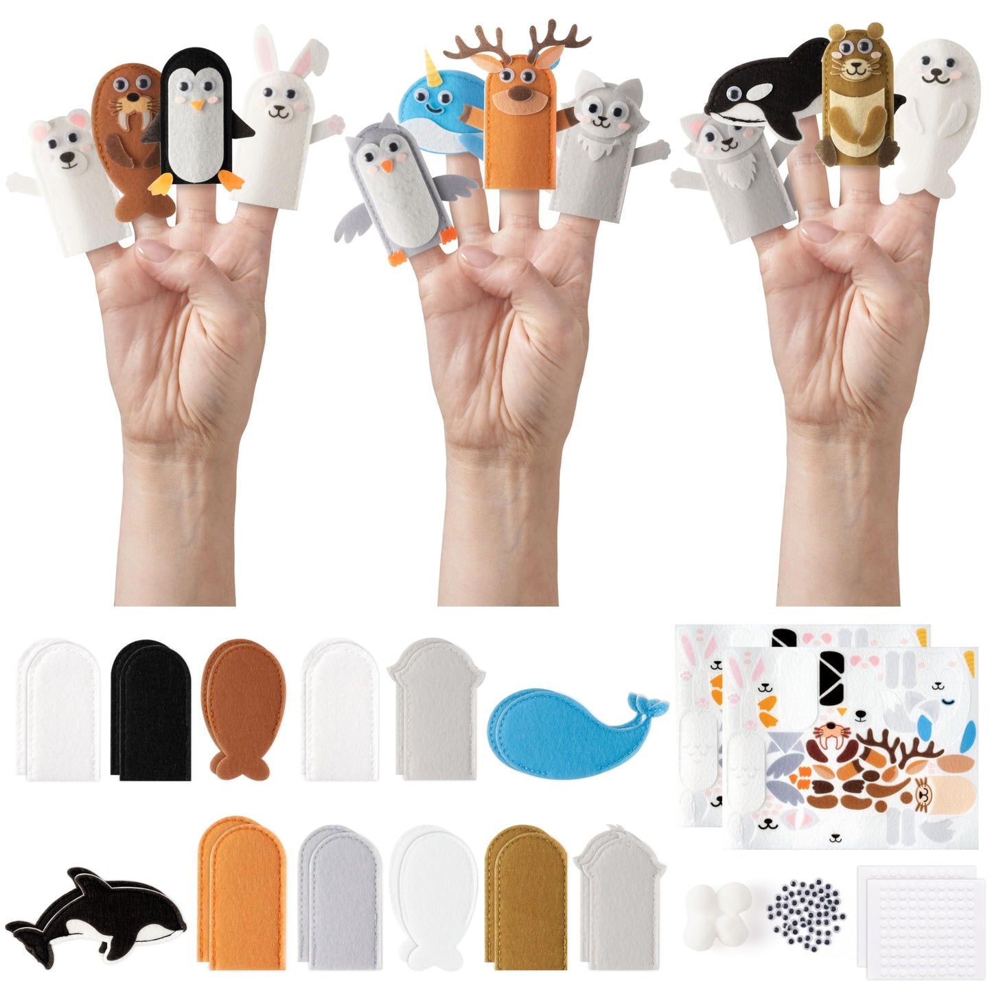 COcnny Polar Animal Finger Puppets - 24pcs DIY Winter Felt Hand Puppet Making Kit for Kids, Make Your Own Art Story Telling Toy, Arctic Antarctic Animals Role Play for Boy Girl Toddles School Birthday