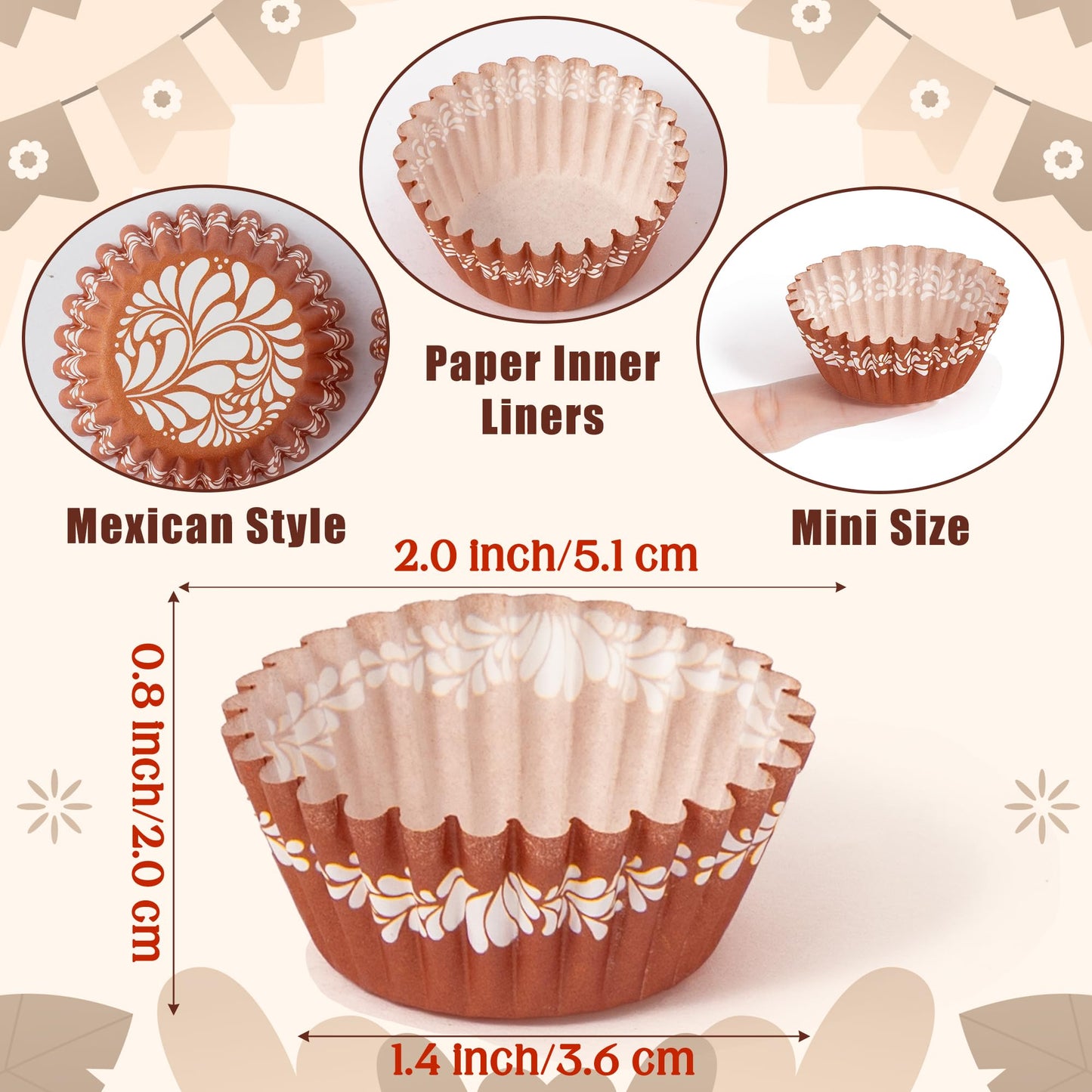 COcnny Cielito Lindo Cupcake Liners - 600pcs Mexican Mini Cupcake Paper Liners, Flower Baking Cups Muffin Wrappers, White Brown Candy Cake Chocolate Wrap Making Supplies for Party Mexico (4 Styles)