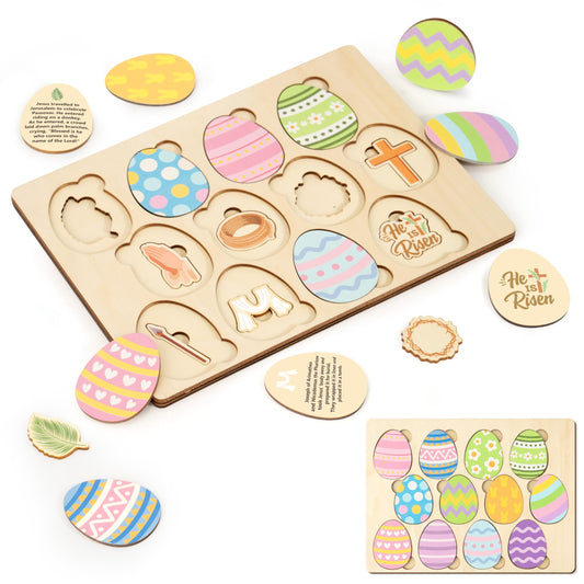 COcnny Easter Story Wooden Puzzle - 12pcs Wood Eggs 2D Jigsaw Puzzle Set, Religious Jesus Story Christian Gift for Sunday School Classroom Game Supplies Home Easter Basket Fillers