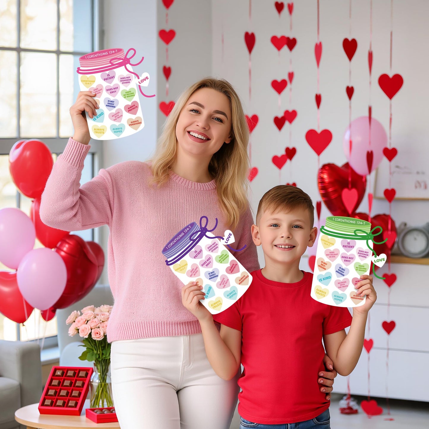 COcnny 24 Set Valentine’s Day Love Candy Jar Craft Kit for Kids, Make Your Own Heart Decor Craft, DIY 1 Corinthians 13:4-7 Religious Sweet Sticker Paper Art for Sunny School Classroom Fun Activity