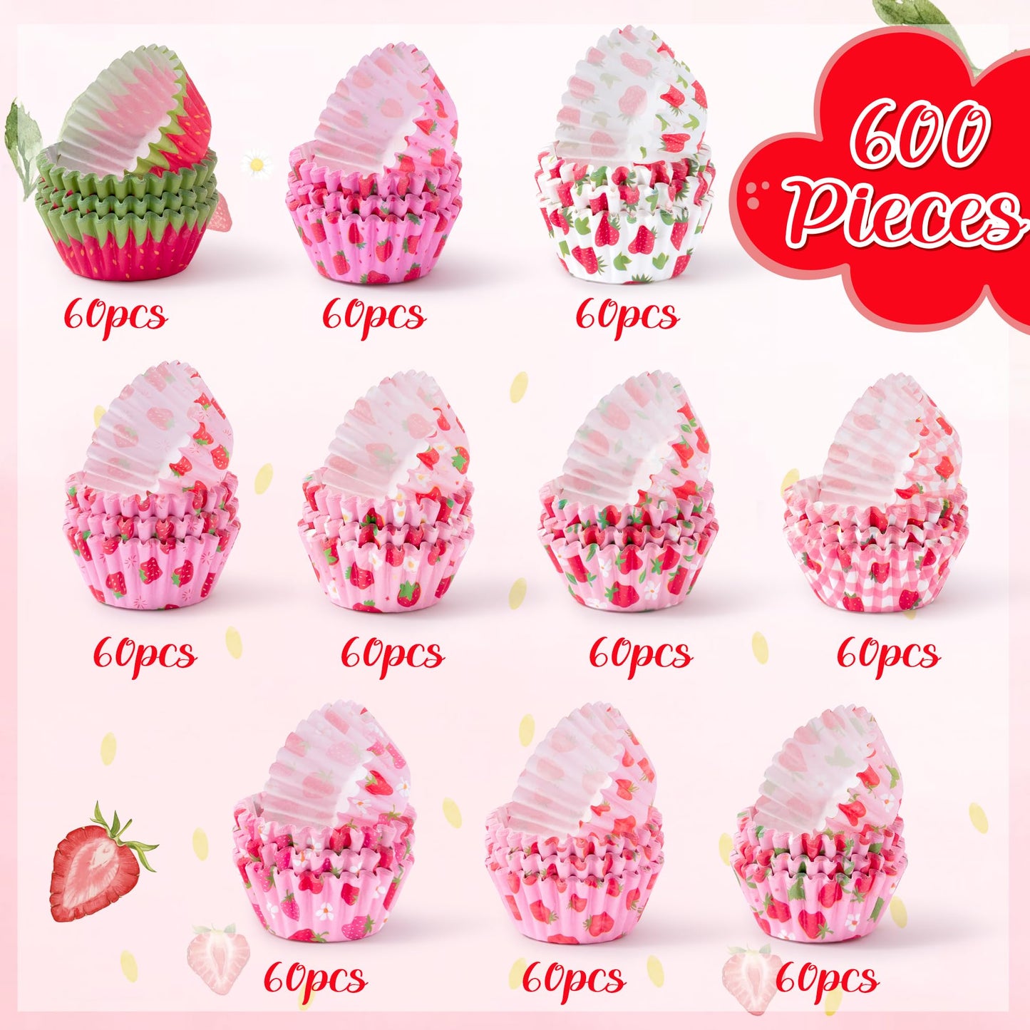 COcnny Strawberry Mini Cupcake Liners - 600pcs Summer Baking Cups Muffin Cupcakes Paper Wrappers, Pink Watermelon Candy Cake Chocolate Wrap Making Supplies for Baby Shower Party Birthday (10 Styles)