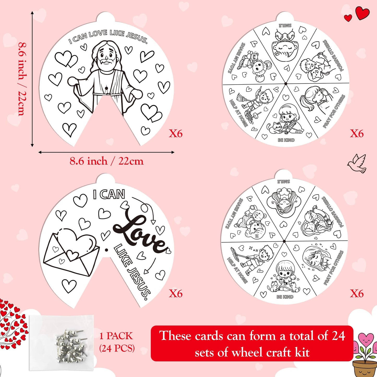 COcnny Valentine’s Day Christian Coloring Craft for Kids - 24 Sets Color Your Own Valentines Religious Art Cards, DIY Sweet Jesus Bible Wheel Paper for Church Sunday School Classroom Class Activities