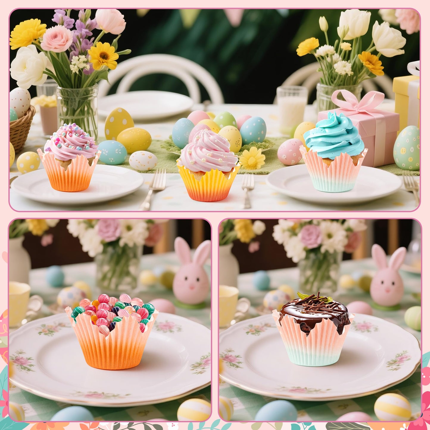 COcnny Flower Cupcake Paper Liner - 300pcs Easter Baking Cups Muffin Cupcakes Wrappers, Gradient Red Pink Orange Petal Cake Candy Wrap Making Supplies for Birthday Baby Shower Spring Party (6 Styles)