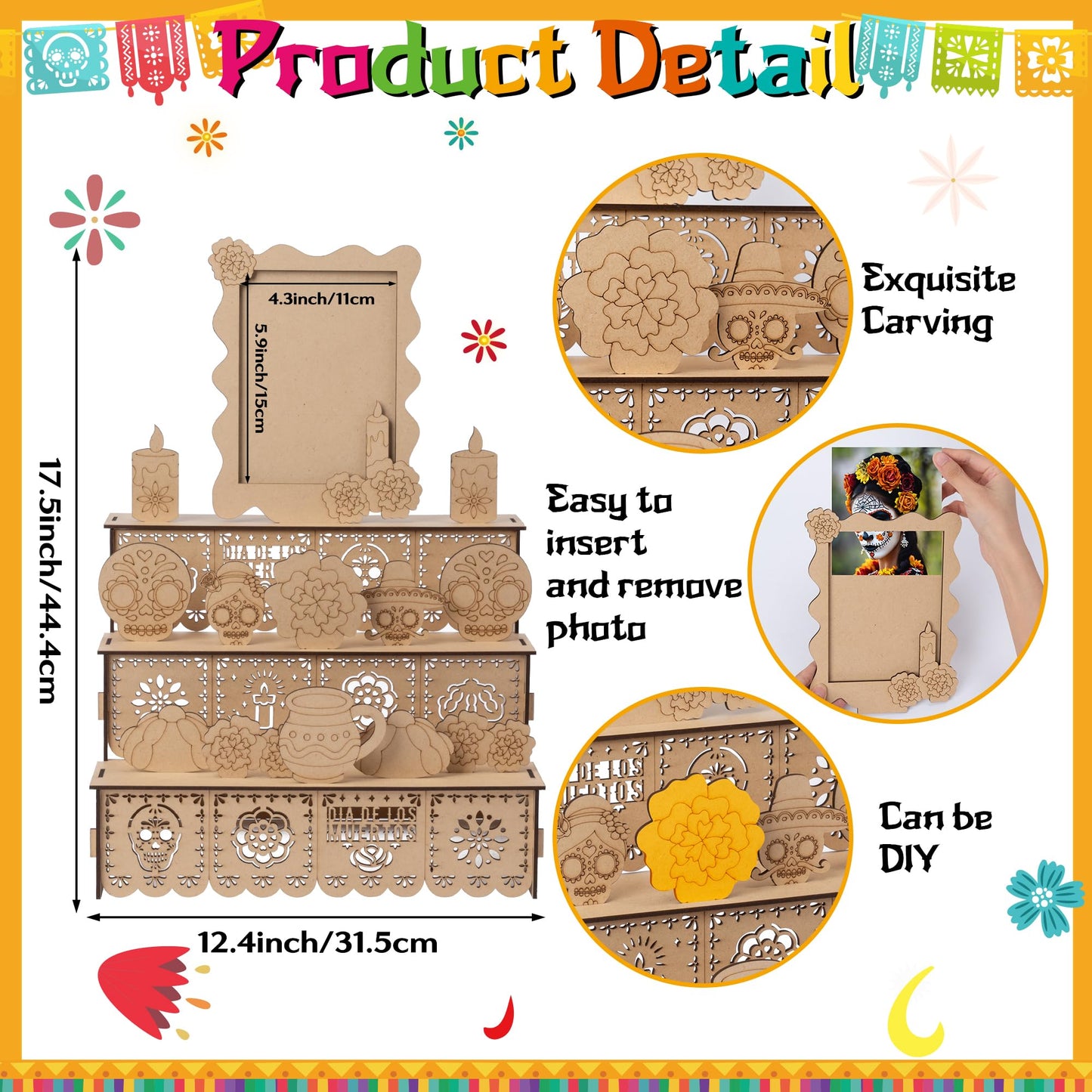 COcnny Day of The Dead Altar Ofrenda - 37pcs Wooden Shadow Box Photo Frame Set for Dia De Los Muertos Altar Memorial Decorations, Marigold Flower Butterfly Tabletop Ofrenda Decor for Remembrance