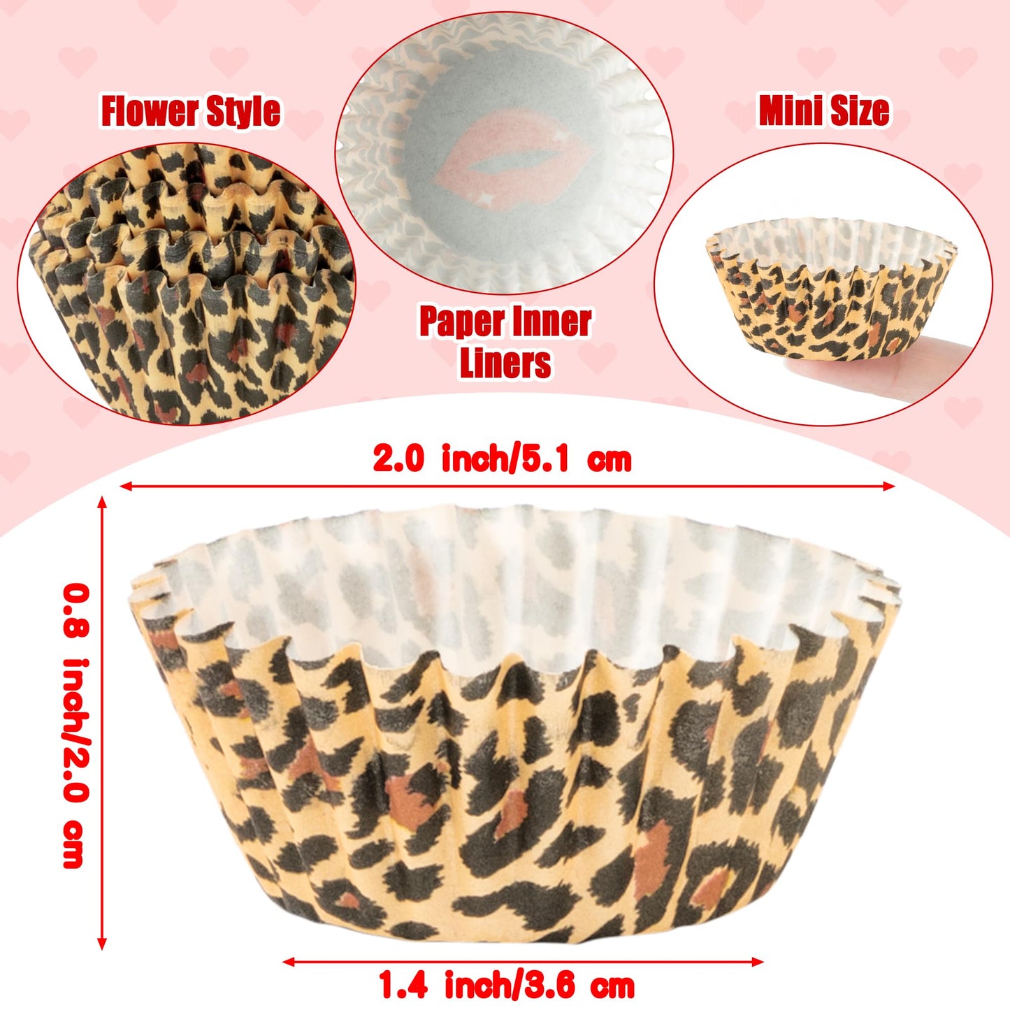 COcnny Cheetah Mini Cupcake Liners - 600pcs Sweet Cherry Baking Cups Muffin Cupcakes Wrappers, Leopard Candy Cake Chocolate Paper Wrap Making Supplies for Valentine’s Day Party Birthday (5 Styles)