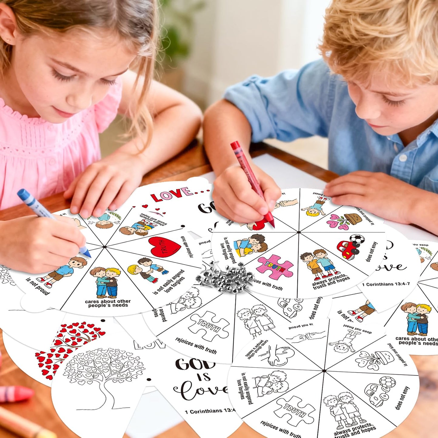 COcnny Christian Coloring Craft for Kids - 24 Set Color Your Own Love Religious Art Cards, DIY Sweet God Bible Wheel Paper for Church Sunday School Classroom VBS Activities