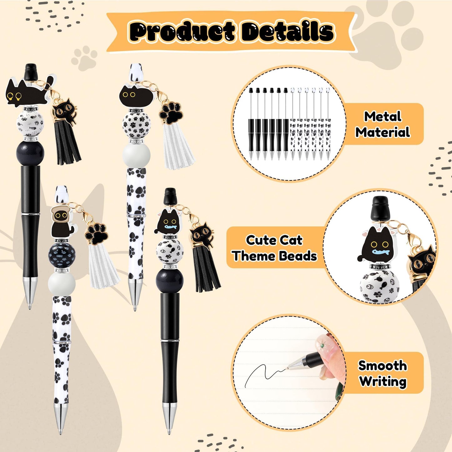 COcnny Pet Paw Beadable Pens- 12 Set Black Cat DIY Ballpoint Craft Making Kit with Bead Craft, Cute Cat Beaded Pen Bulk Charm Tassel Supplies for Pet Animal Party School Students Gift