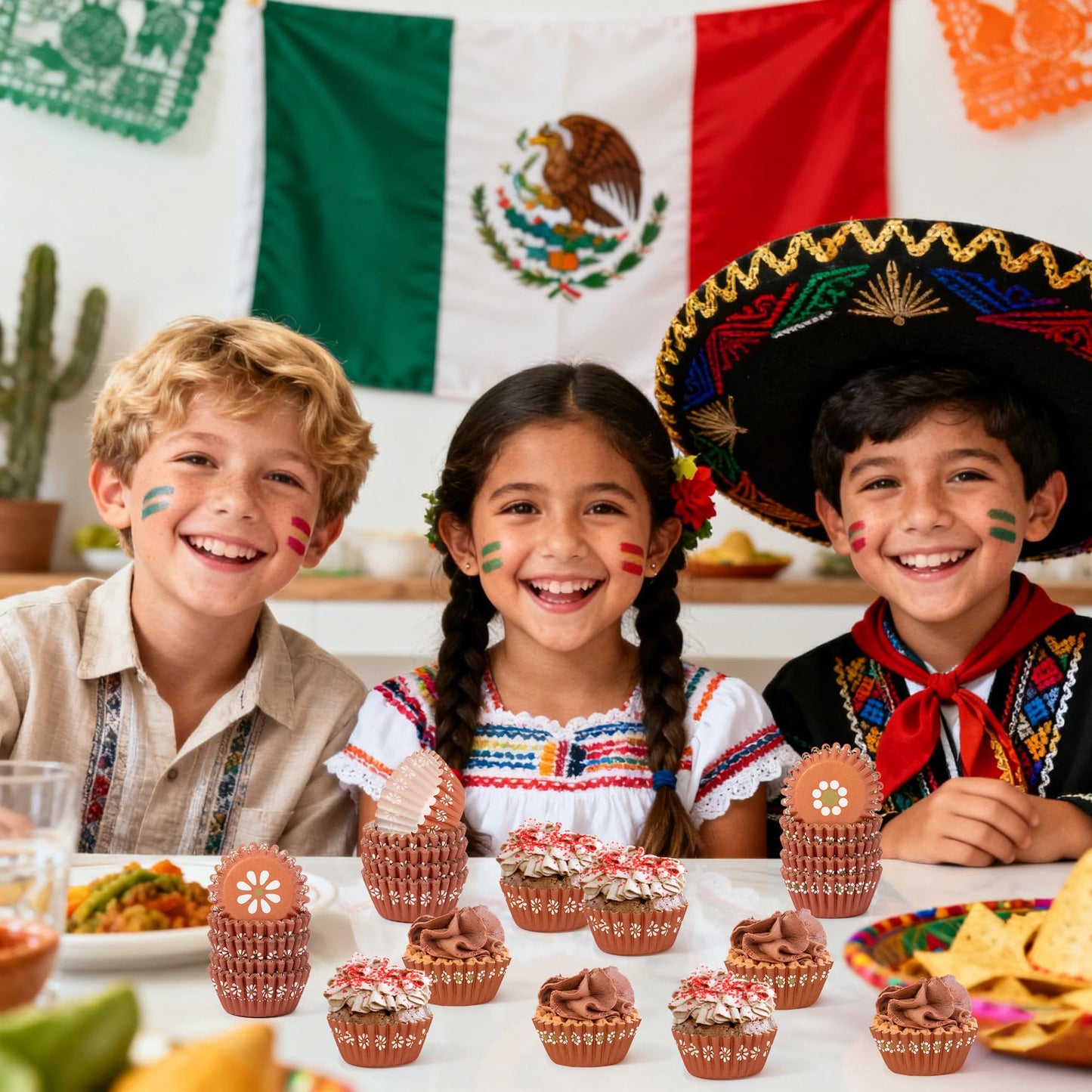COcnny Cielito Lindo Cupcake Liners - 600pcs Mexican Mini Cupcake Paper Liners, Flower Baking Cups Muffin Wrappers, White Brown Candy Cake Chocolate Wrap Making Supplies for Party Mexico (6 Styles)
