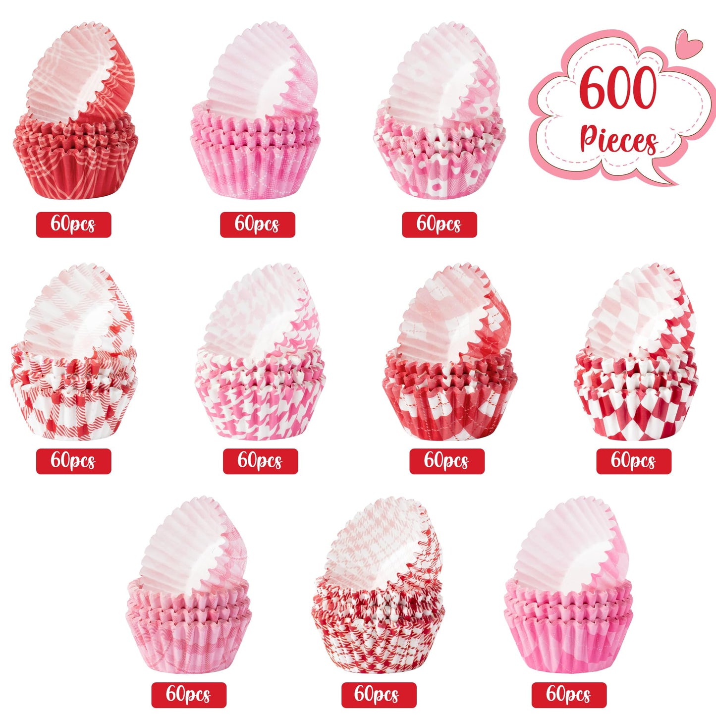 COcnny 600pcs Valentine’s Day Plaid Mini Cupcake Paper Liners, Sweet Checkered Baking Cups Muffin Cupcakes Wrappers, Pink Red Candy Cake Chocolate Wrap Making Supplies for Party Birthday (10 Styles)