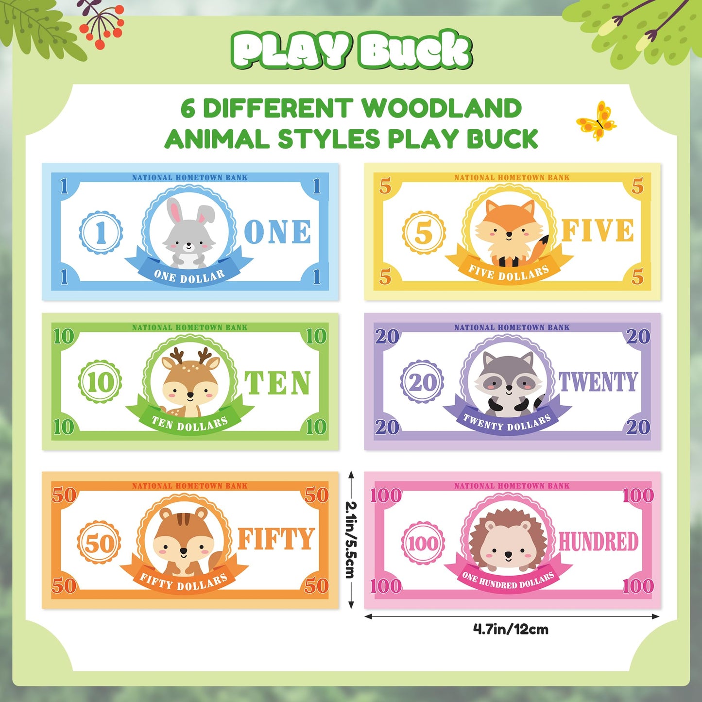 COcnny Woodland Play Bucks for Game - 600pcs Woodland Animal Paper Money for Pretend Play Cashier, Rabbit Fox Spring Theme Fake Bucks for Refill Packs School Educational Home Reward Prop Supplies