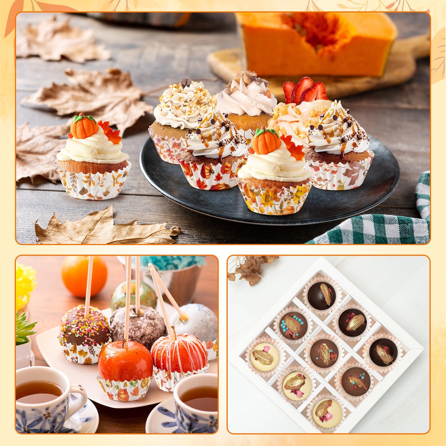 COcnny Fall Mini Cupcake Liners - 600pcs Autumn Watercolor Muffin Paper Cupcakes Baking Cups Wrappers, Pumpkin Maple Leaf Case Cake Wrap Making Supplies for Fall Thanksgiving Party (10 Styles)