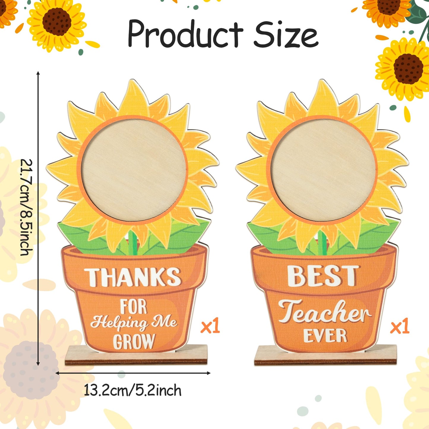COcnny Teacher Appreciation Picture Frame - 2pcs Thank You Gifts for Helping Me Grow, End of Year Teacher Photo Frame Table Decor, Sunflower Wood Tiered Tray Signs Centerpiece Decoration for Women Men