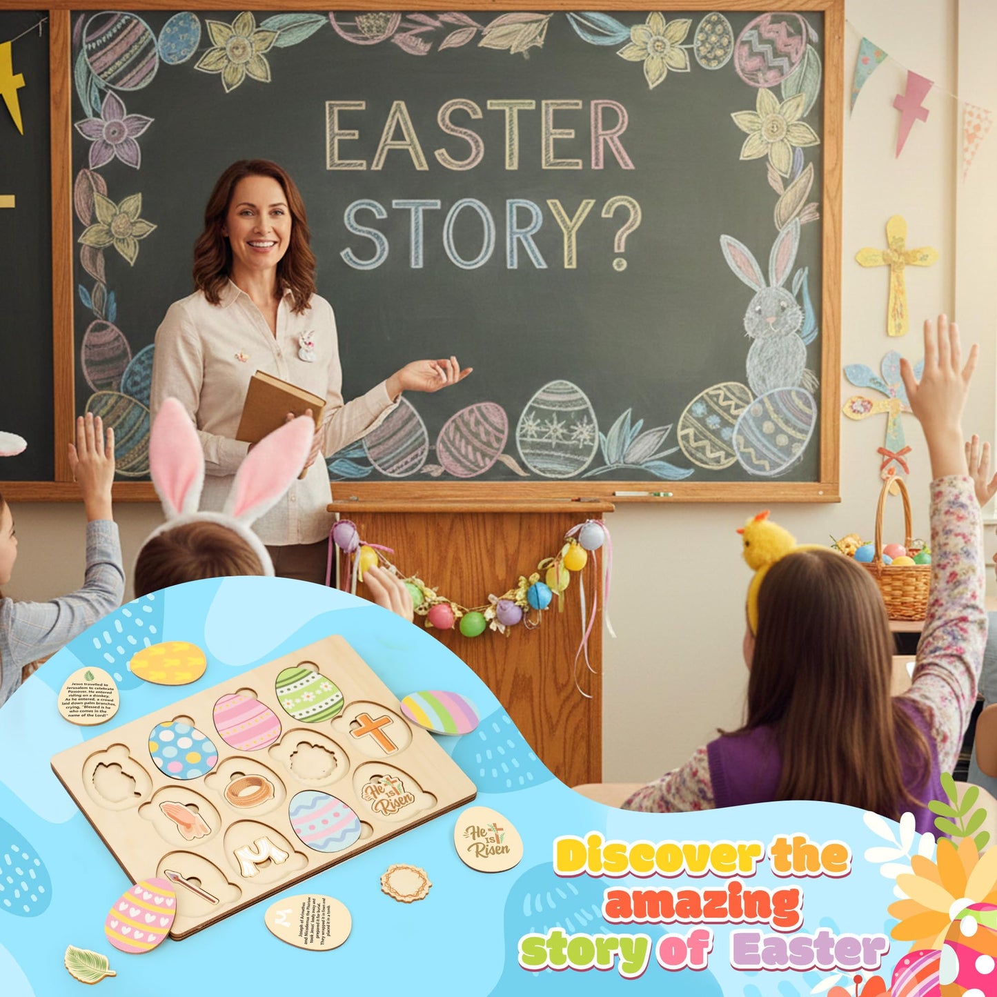 COcnny Easter Story Wooden Puzzle - 12pcs Wood Eggs 2D Jigsaw Puzzle Set, Religious Jesus Story Christian Gift for Sunday School Classroom Game Supplies Home Easter Basket Fillers