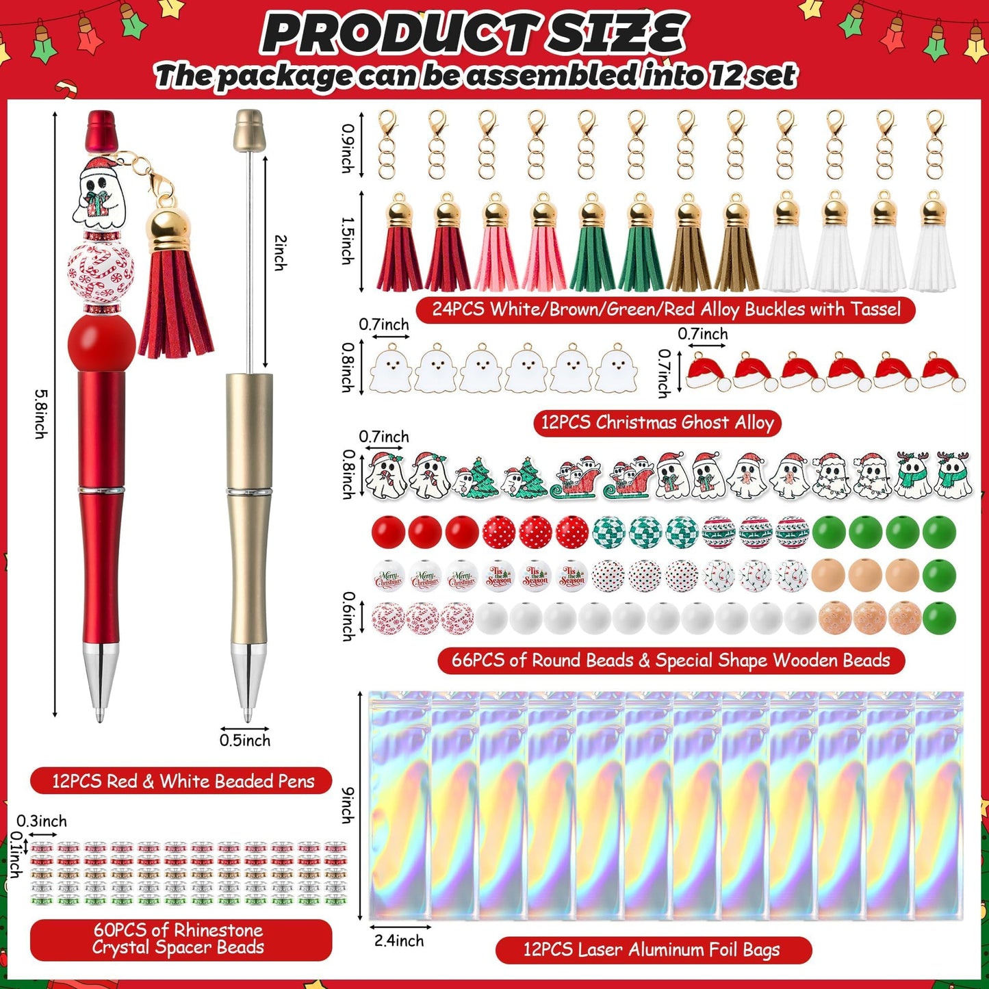 COcnny Christmas Boo Beadable Pens - 12 Set Christmas Ghost DIY Ballpoint Craft Making Kit with Bead Craft, Cute Beaded Pen Bulk Charm Tassel Supplies for Xmas Party School Students Gift