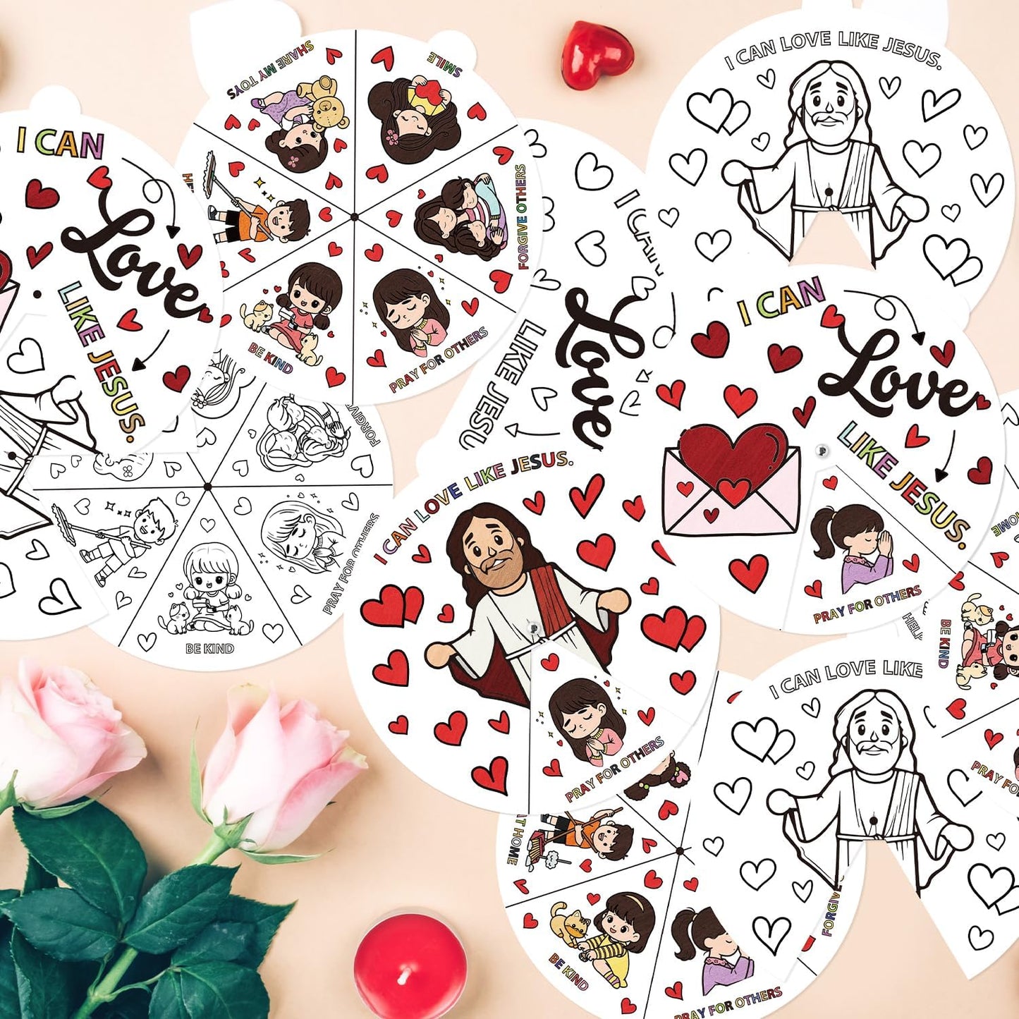 COcnny Valentine’s Day Christian Coloring Craft for Kids - 24 Sets Color Your Own Valentines Religious Art Cards, DIY Sweet Jesus Bible Wheel Paper for Church Sunday School Classroom Class Activities